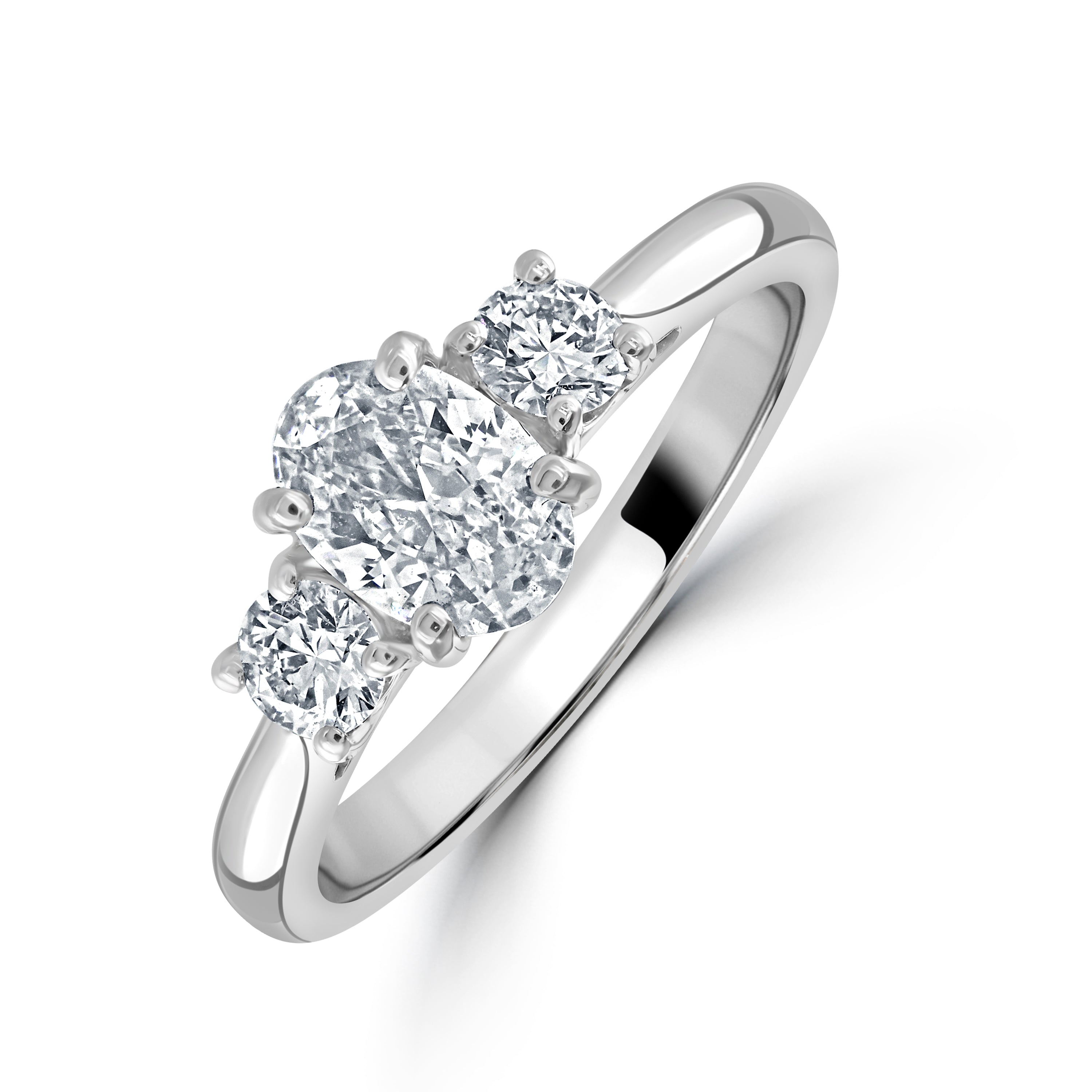 Platinum Oval Cut & 2-Round Brilliant Cut Diamond Trilogy Ring