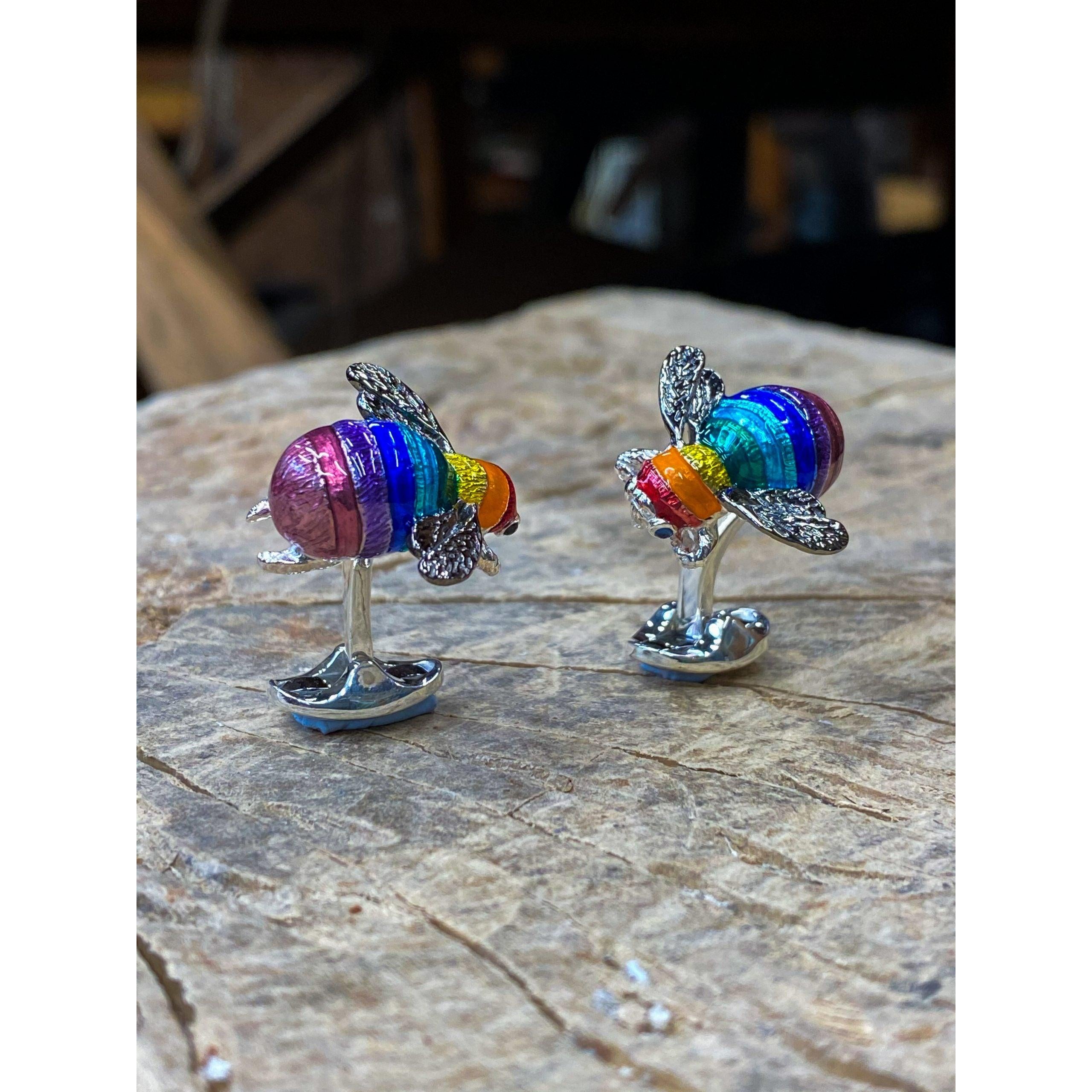Sterling Silver Rainbow Bumble Bee Cufflinks