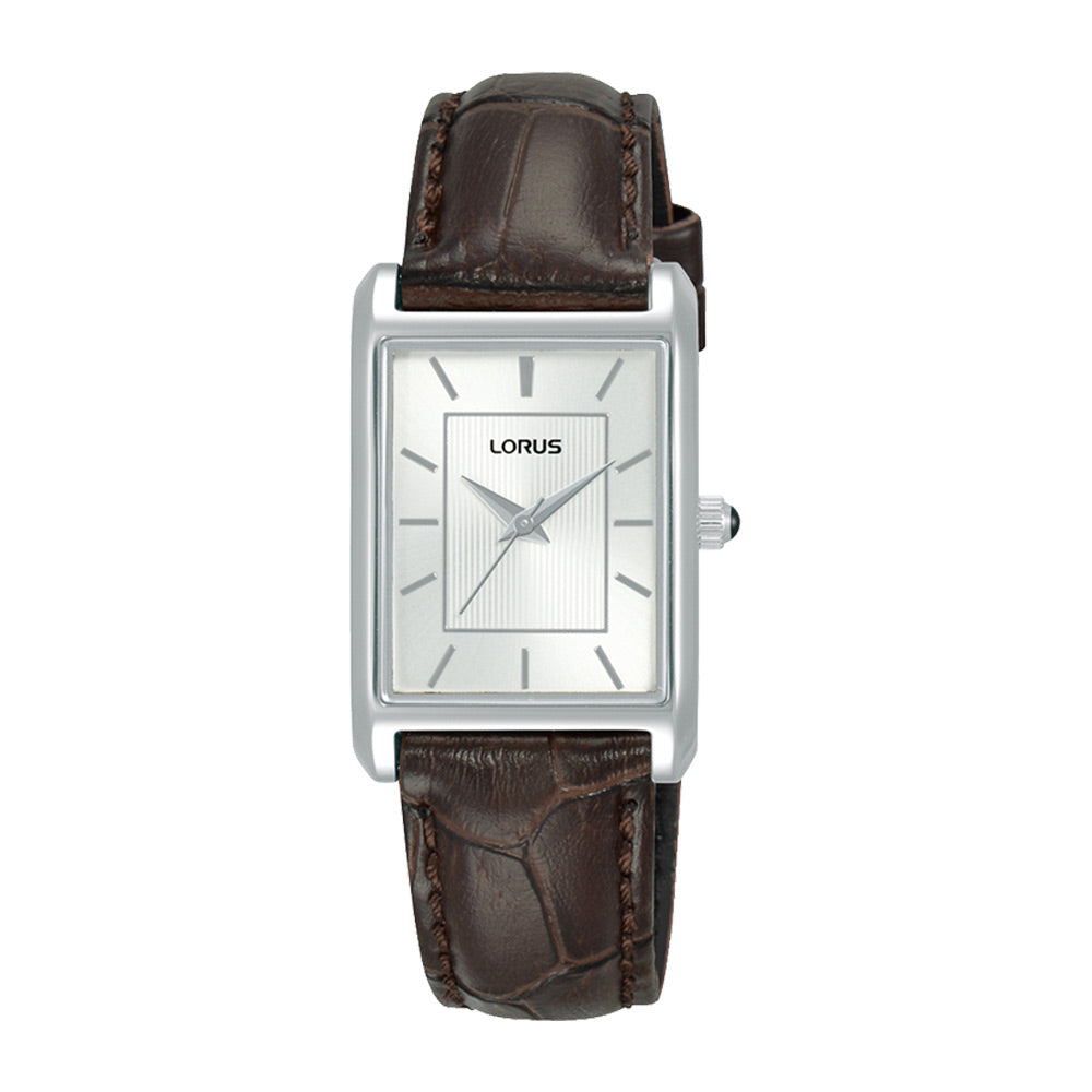 Classic ladys stainless steel rectangular dial leather strap watch