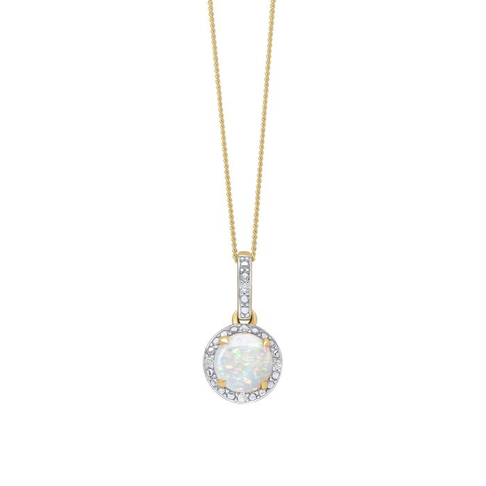 9ct yellow gold round cut Opal and round brilliant cut Diamond halo pendant