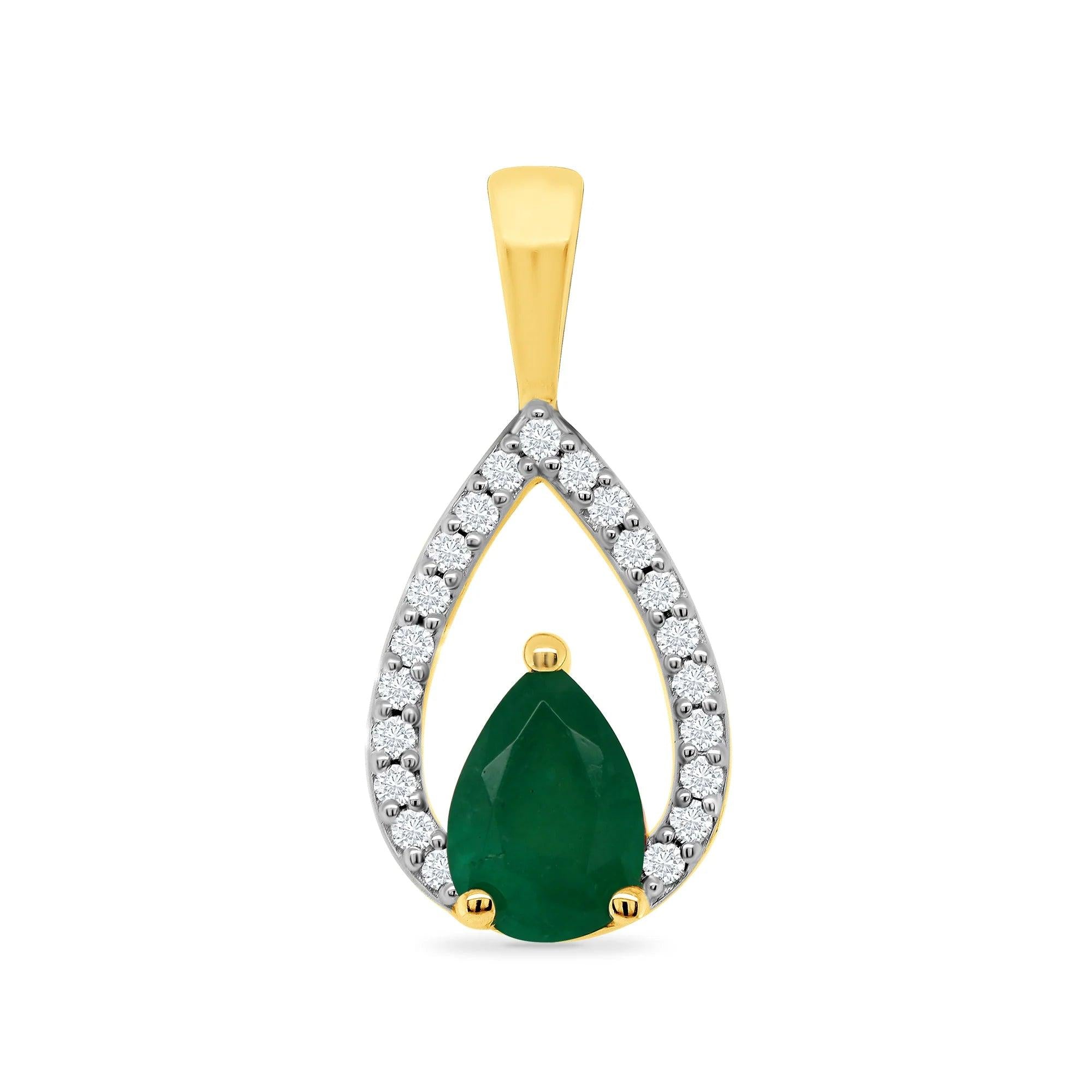 9 carat yellow gold tear drop Emerald and diamond pendant only