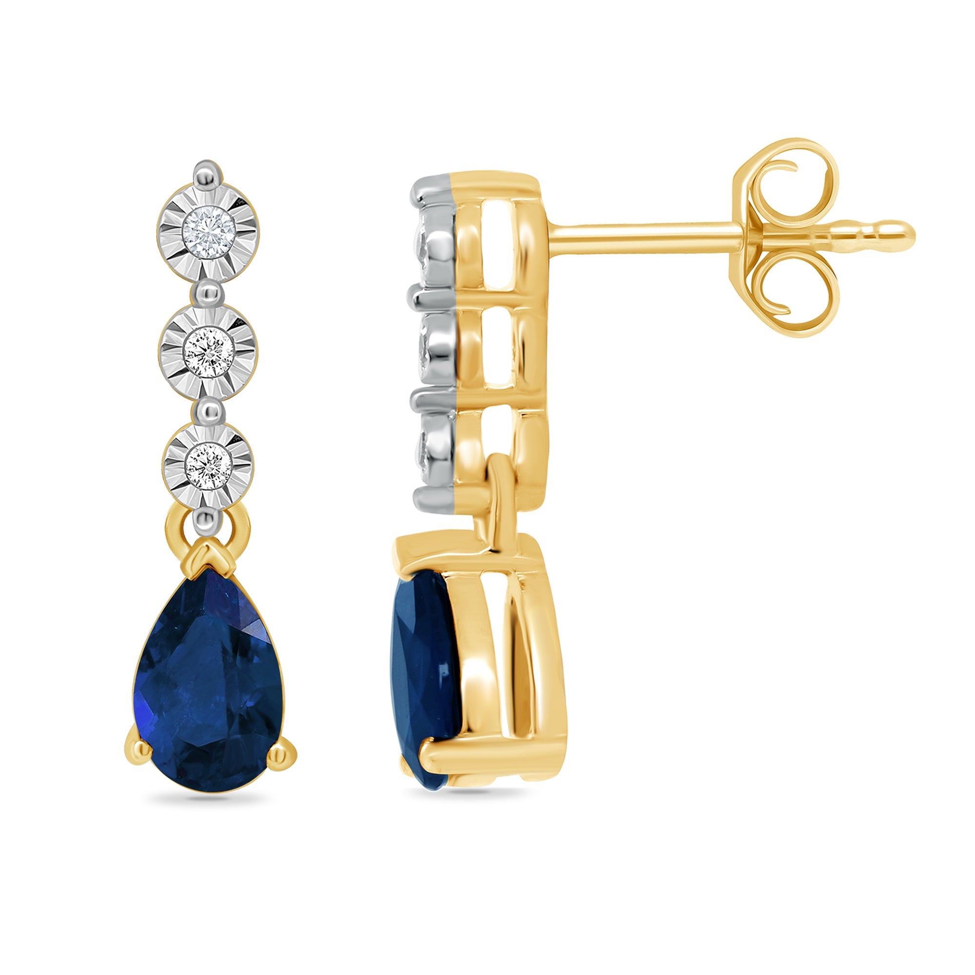 9ct Gold Pear Sapphire & Diamond Drop Stud Earrings