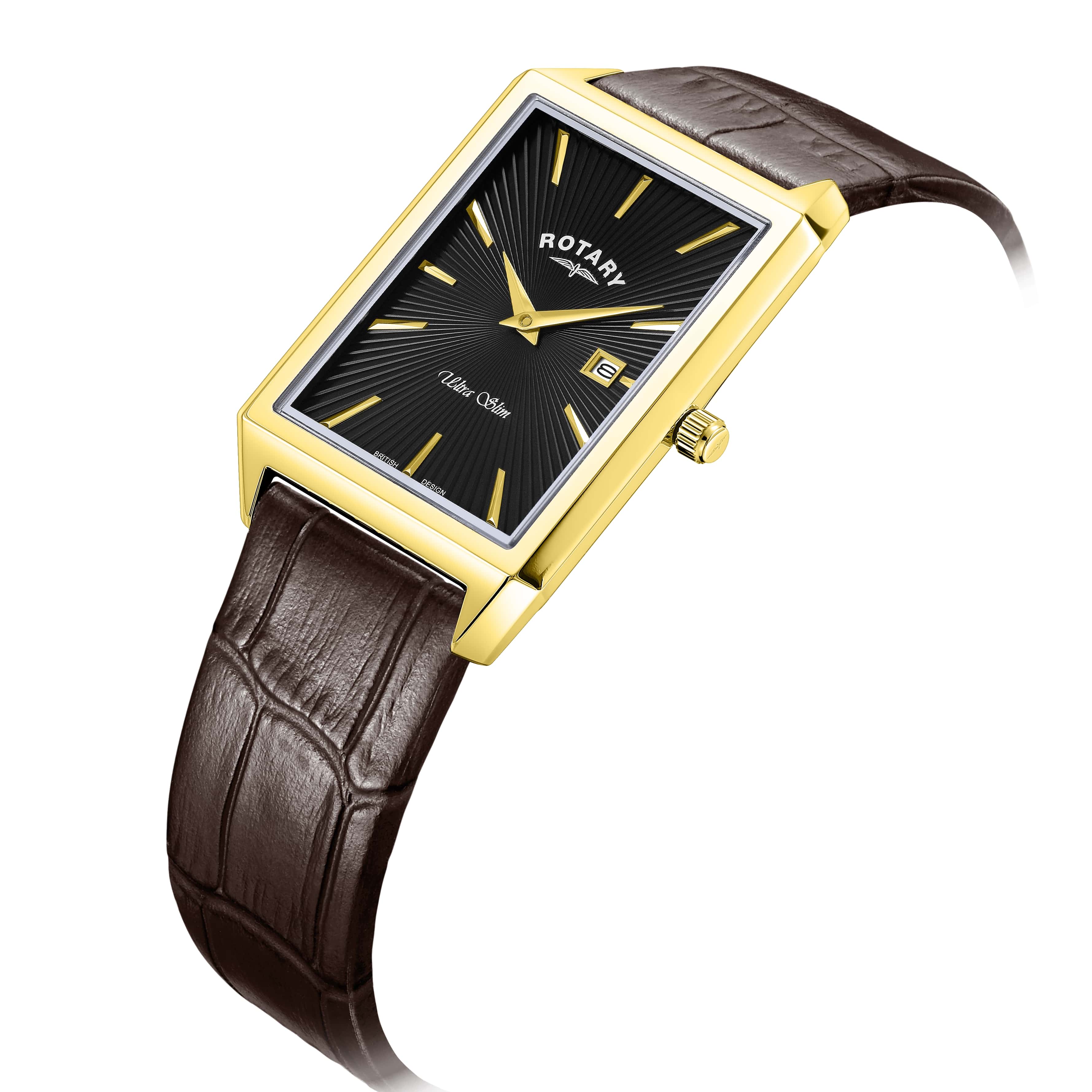 Ultra Slim  rectangular gold PVD brown leather strap watch