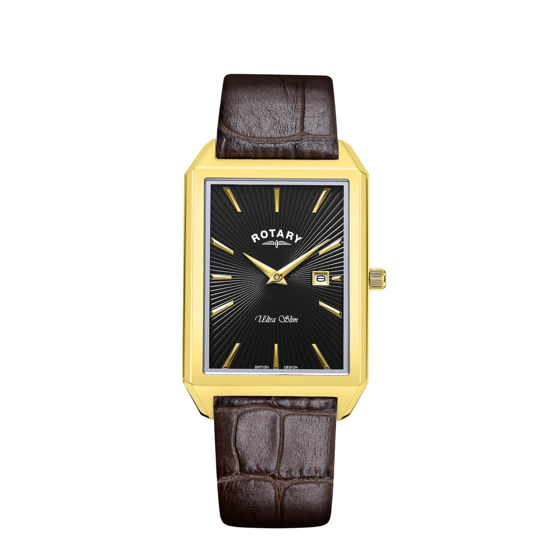 Ultra Slim  rectangular gold PVD brown leather strap watch
