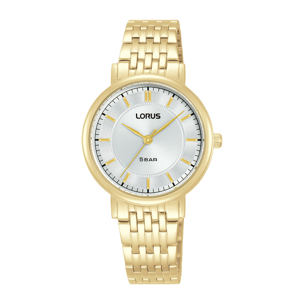 Classic ladys gold coated round silver dial bracelet watch