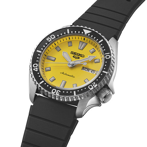 Seiko 5 series Day Date Automatic Yellow dial, black rubber strap