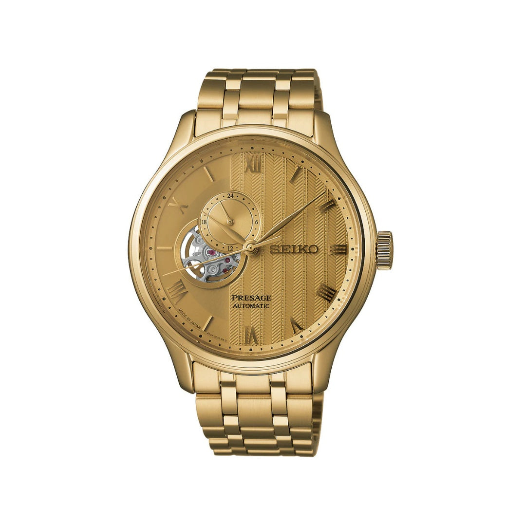 Seiko Presage Automatic Gold Plated Watch with Open Heart on Dial