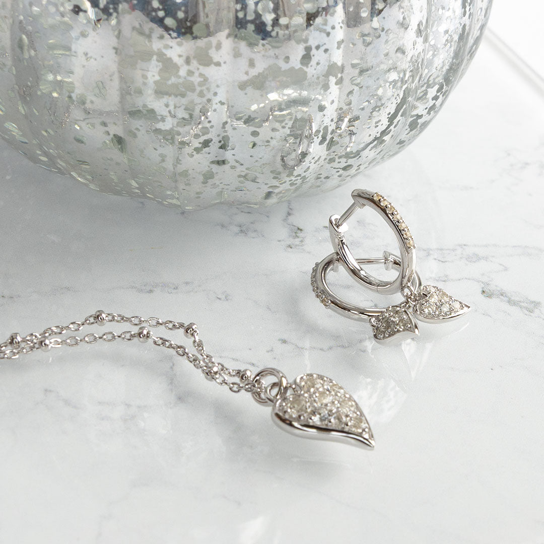 Desire Kiss Precious Pave White rhodium coated Heart hinged hoop drop ear rings