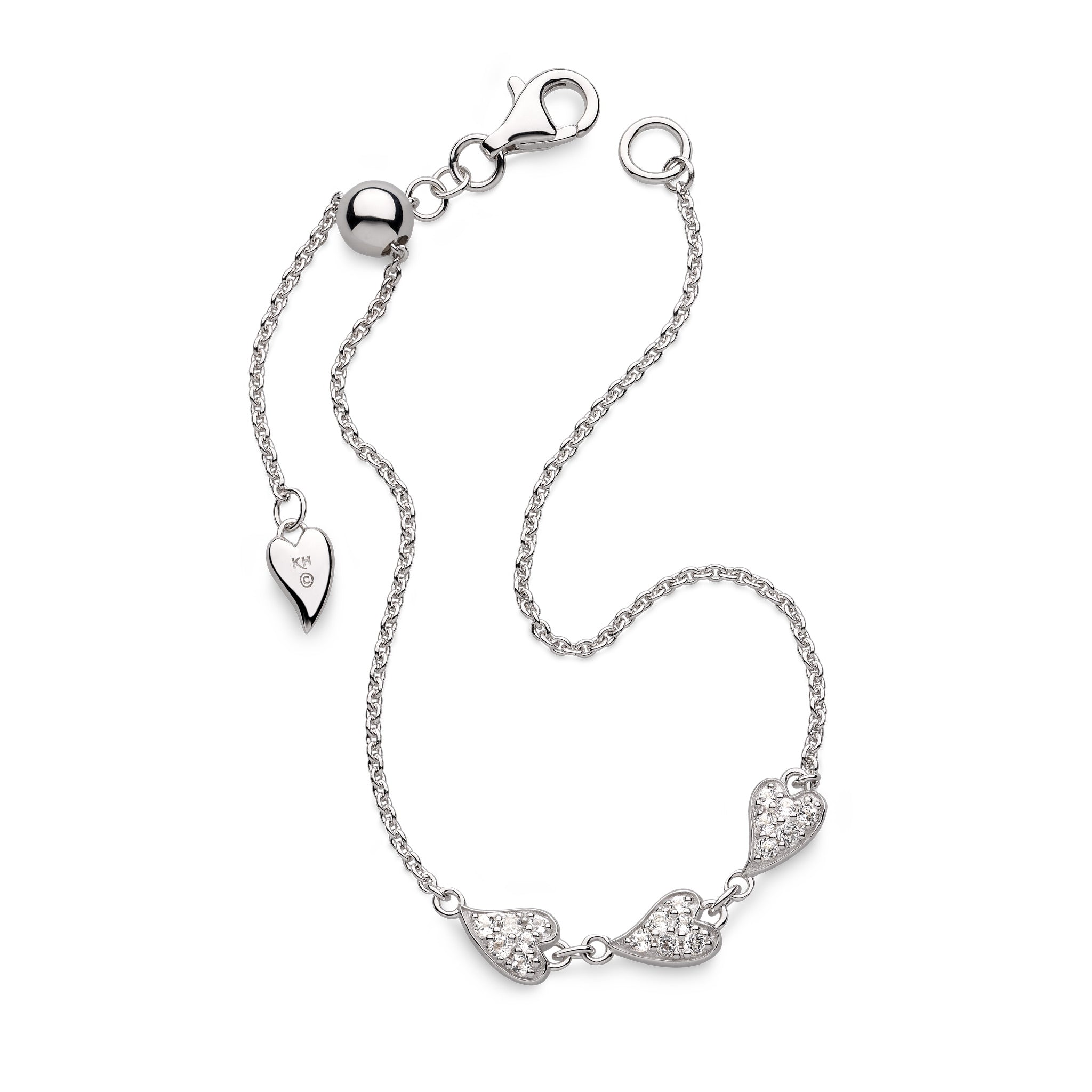 Desire Kiss Precious Pave White rhodium coated heart triplet 7" slider Bracelet
