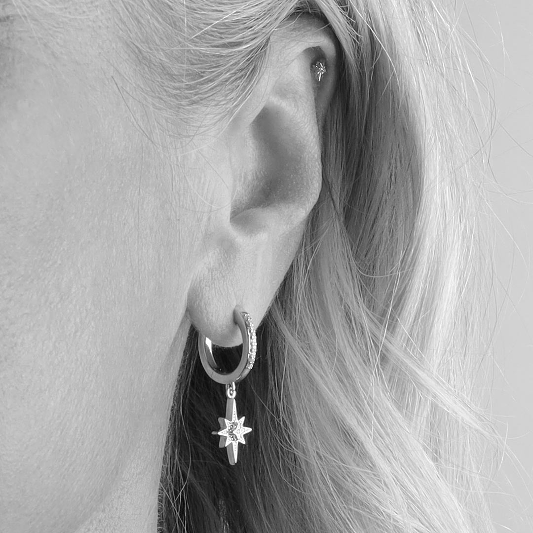 Kit Heath Celeste North Star CZ rhodium coated hinged hoop drop ear rings