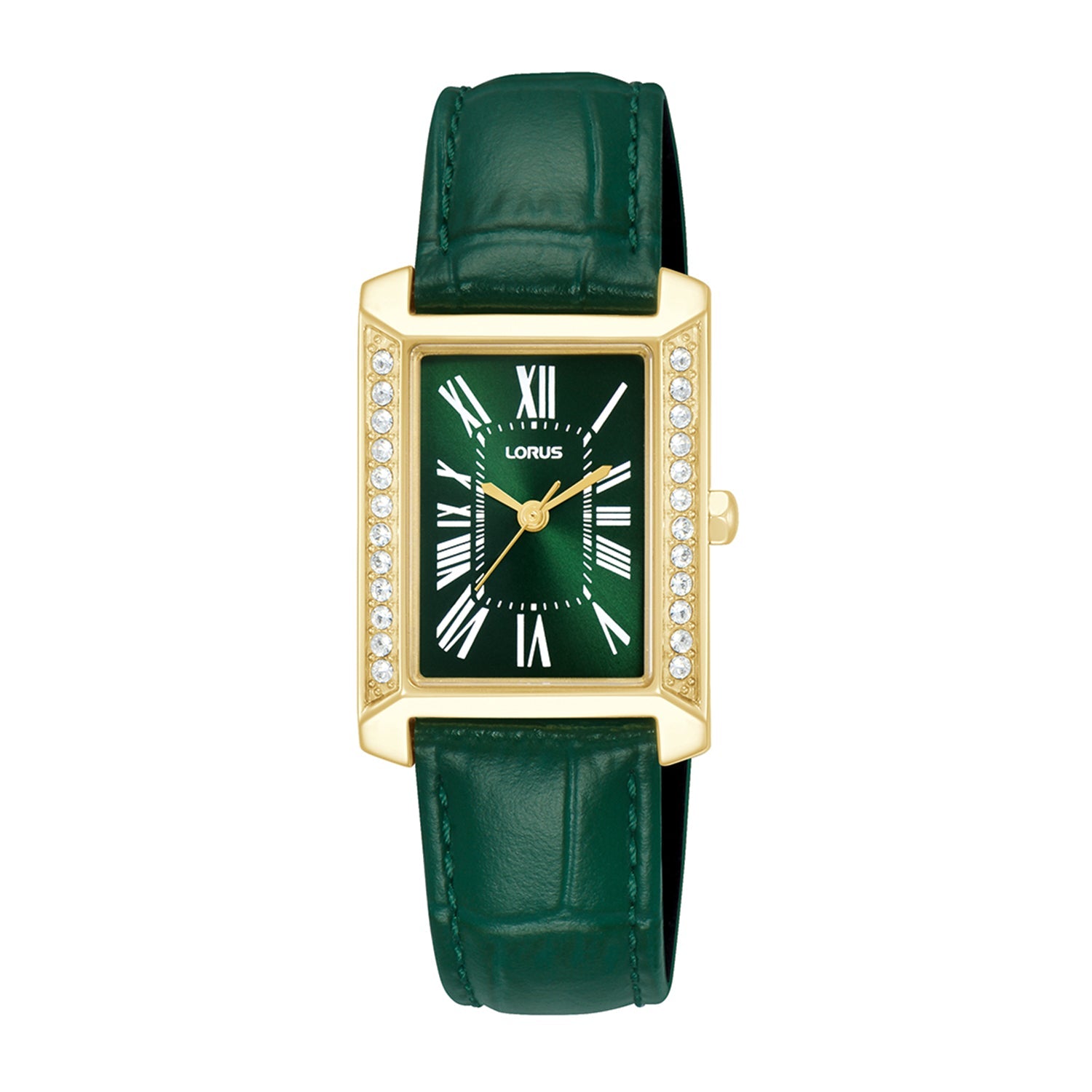 Ladys Green Rectangular dial, stone set yellow gold coated casing, leather strap watch