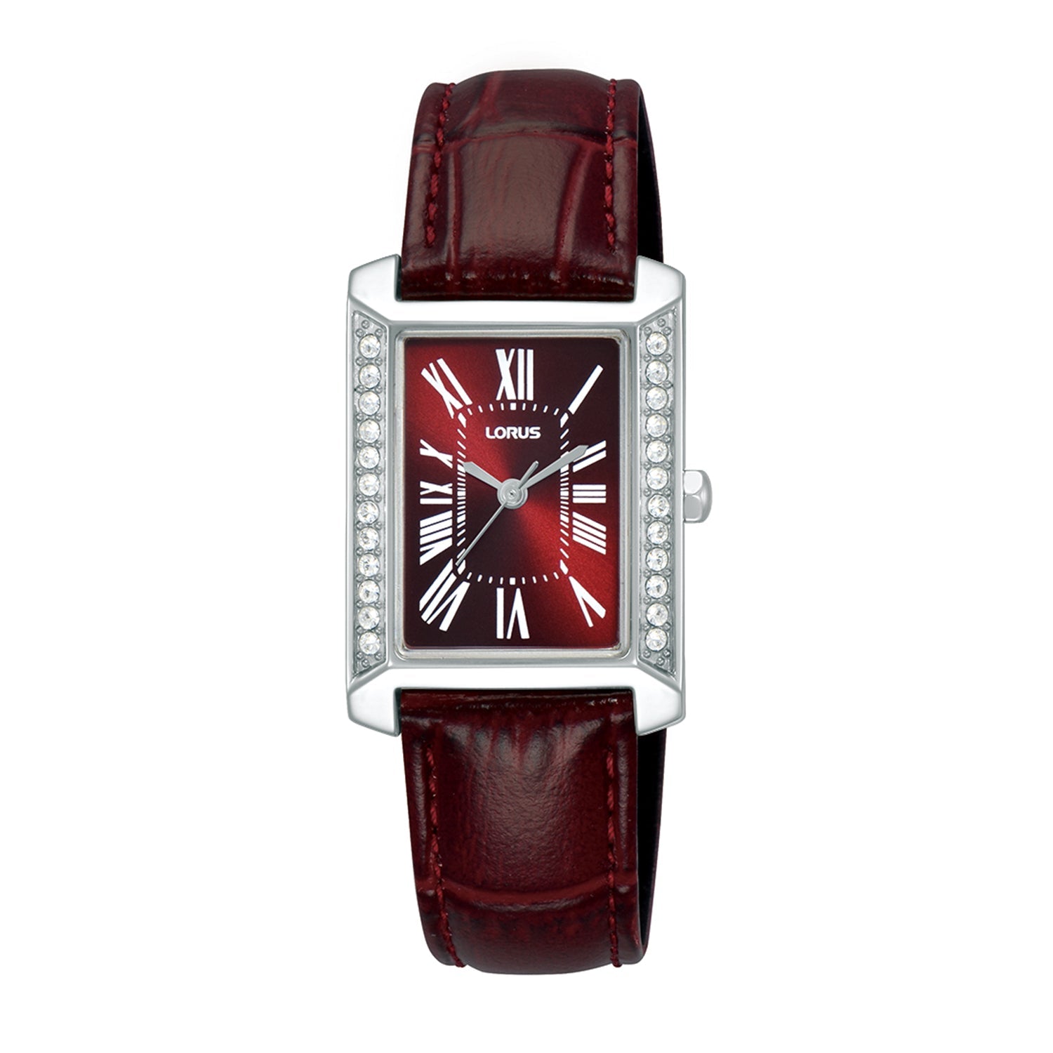 Ladys Red Rectangular dial, stone set casing, leather strap watch