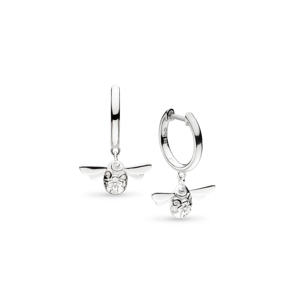 Blossom Flyte Honey Bee rhodium plated hinged hoop drop ear rings