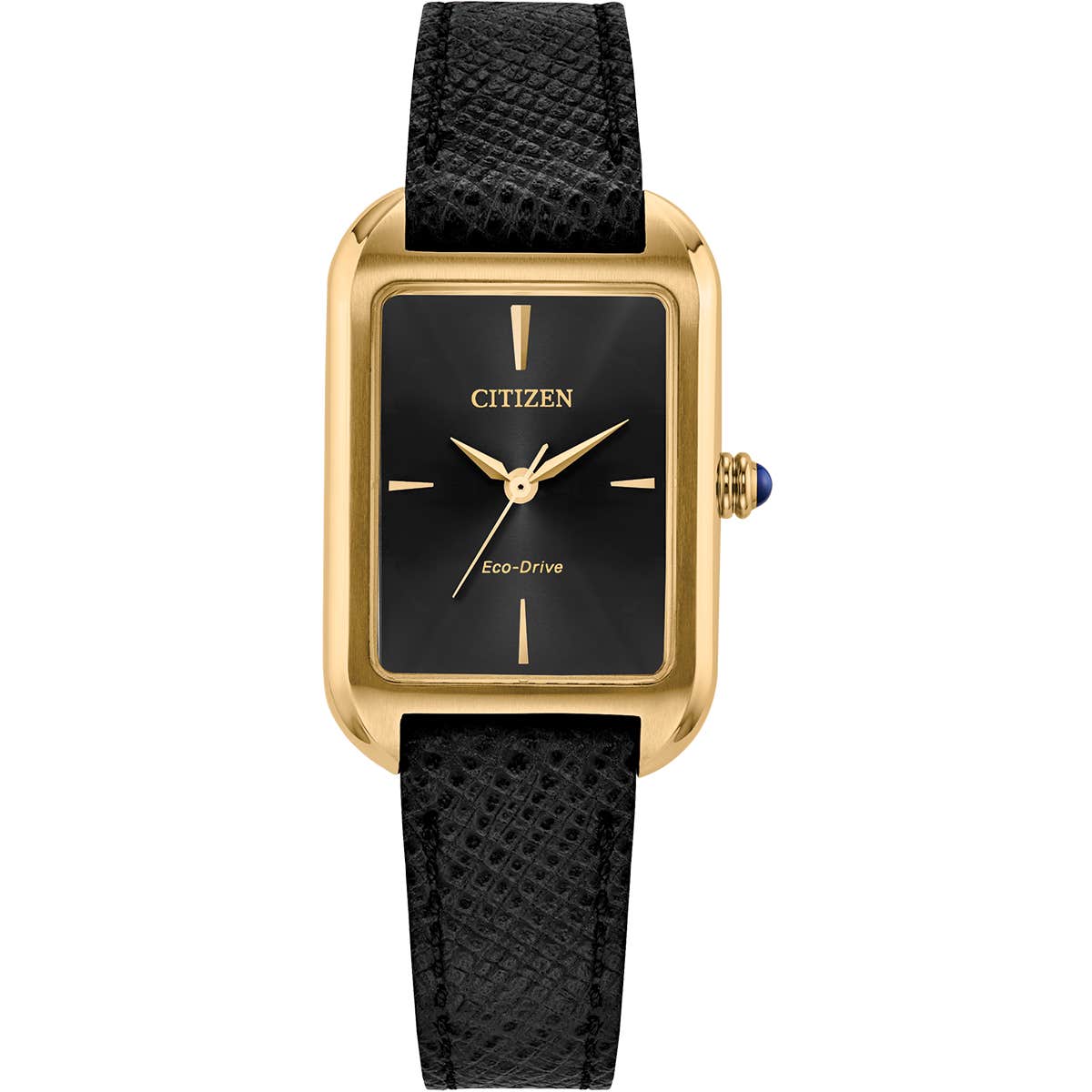 Classic Ladies Eco-Drive Watch. Black Dial Black Leather Strap.