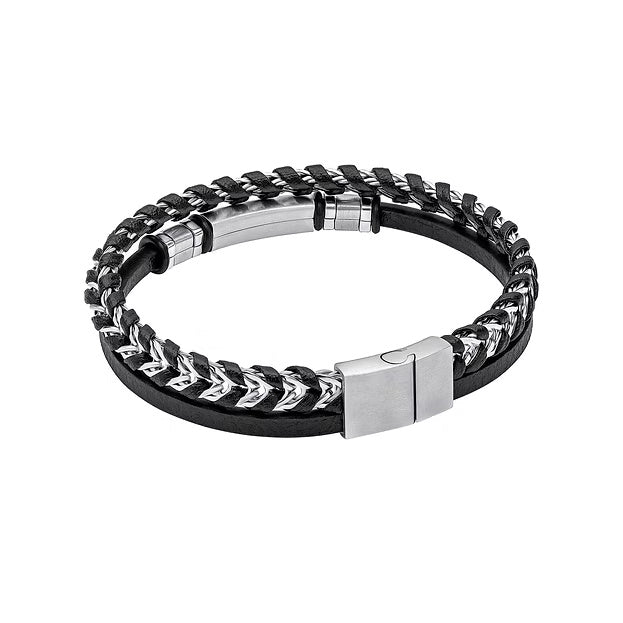 Black Leather and Stainless Steel ID Bar Bracelet