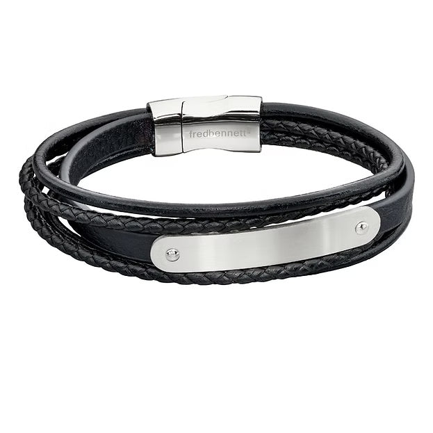 Multi Strand Woven Black Leather & ID Bar Bracelet