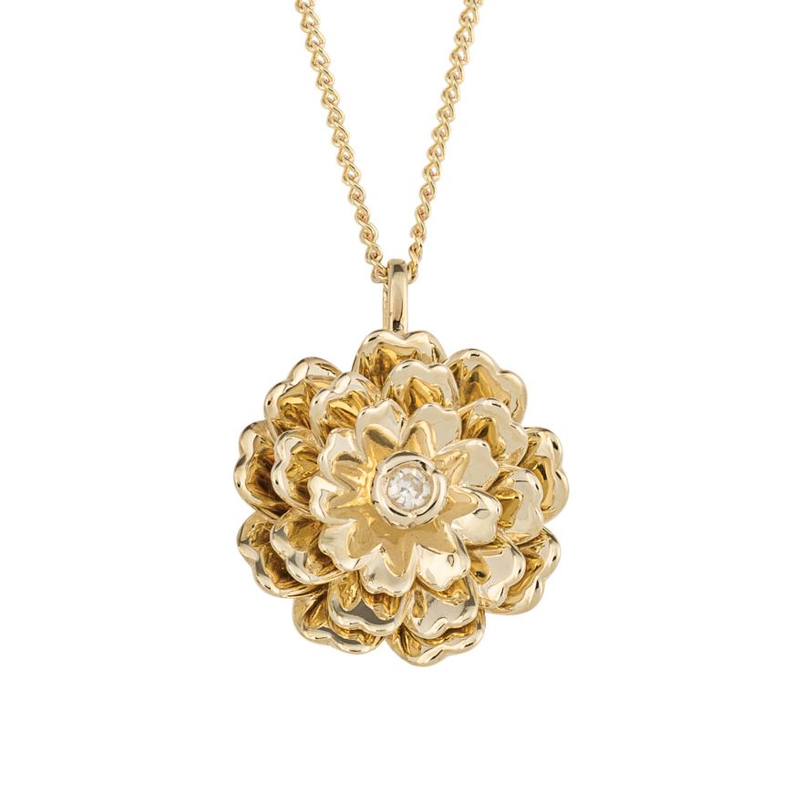 9ct Yellow Gold Diamond Set Peony Pendant