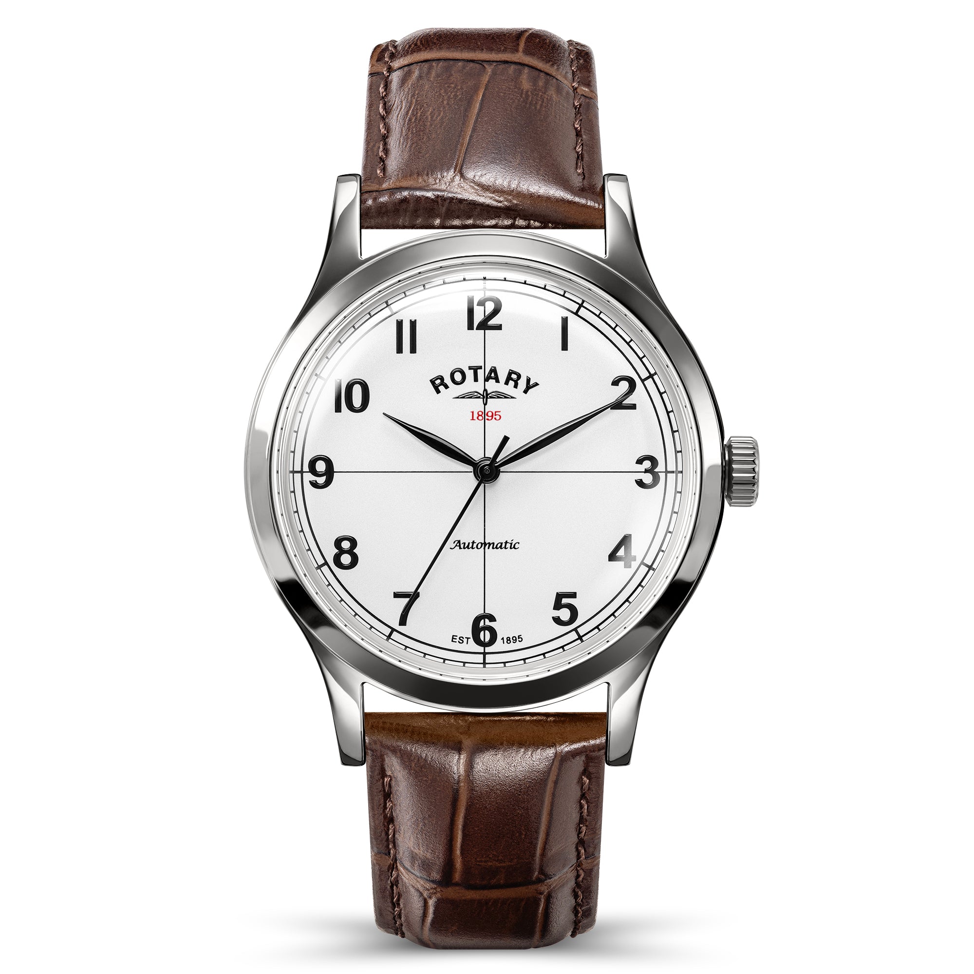 Classically designed automatic watch with a genuine leather strap and crosshair dial.