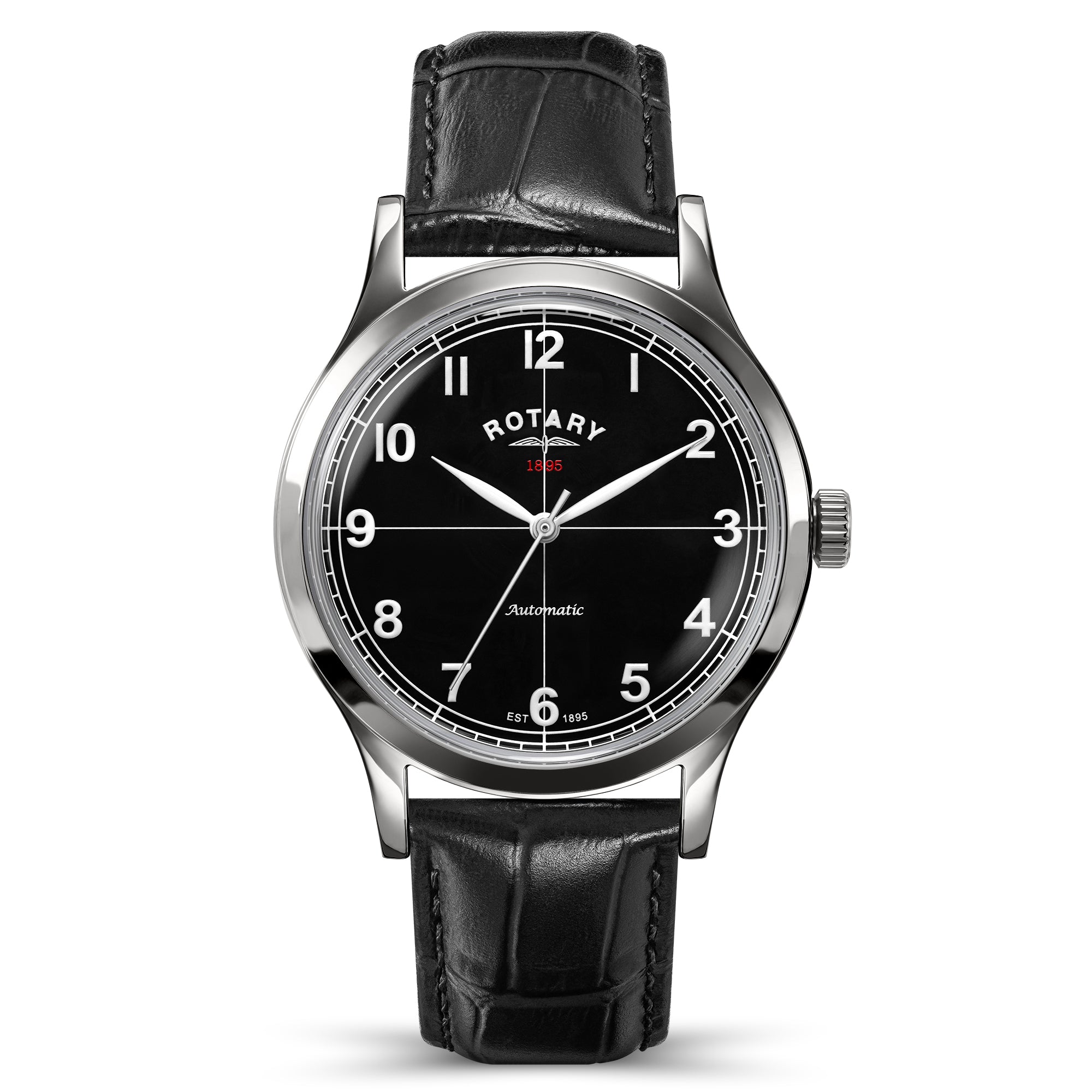 Classically designed automatic watch with a genuine leather strap and crosshair dial.