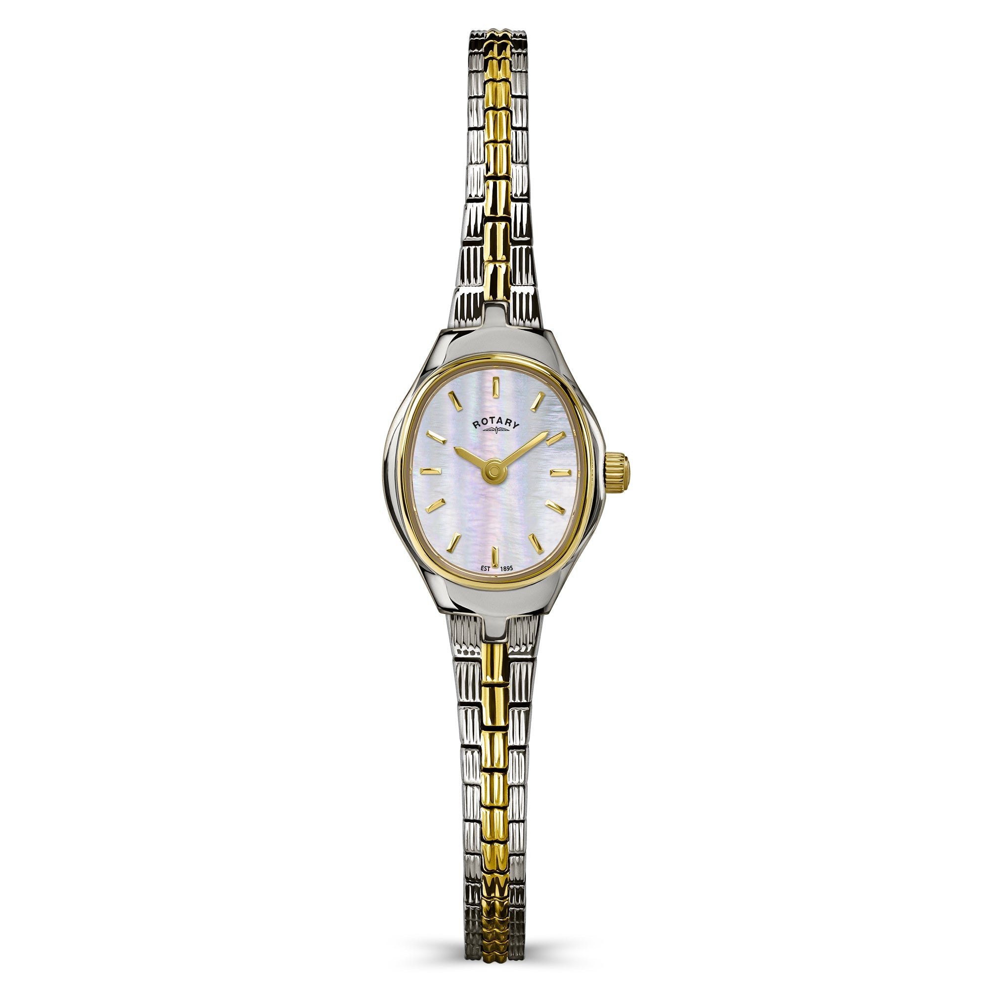 A slim, jewellery-like profile with 50m water resistance and a detailed bracelet.