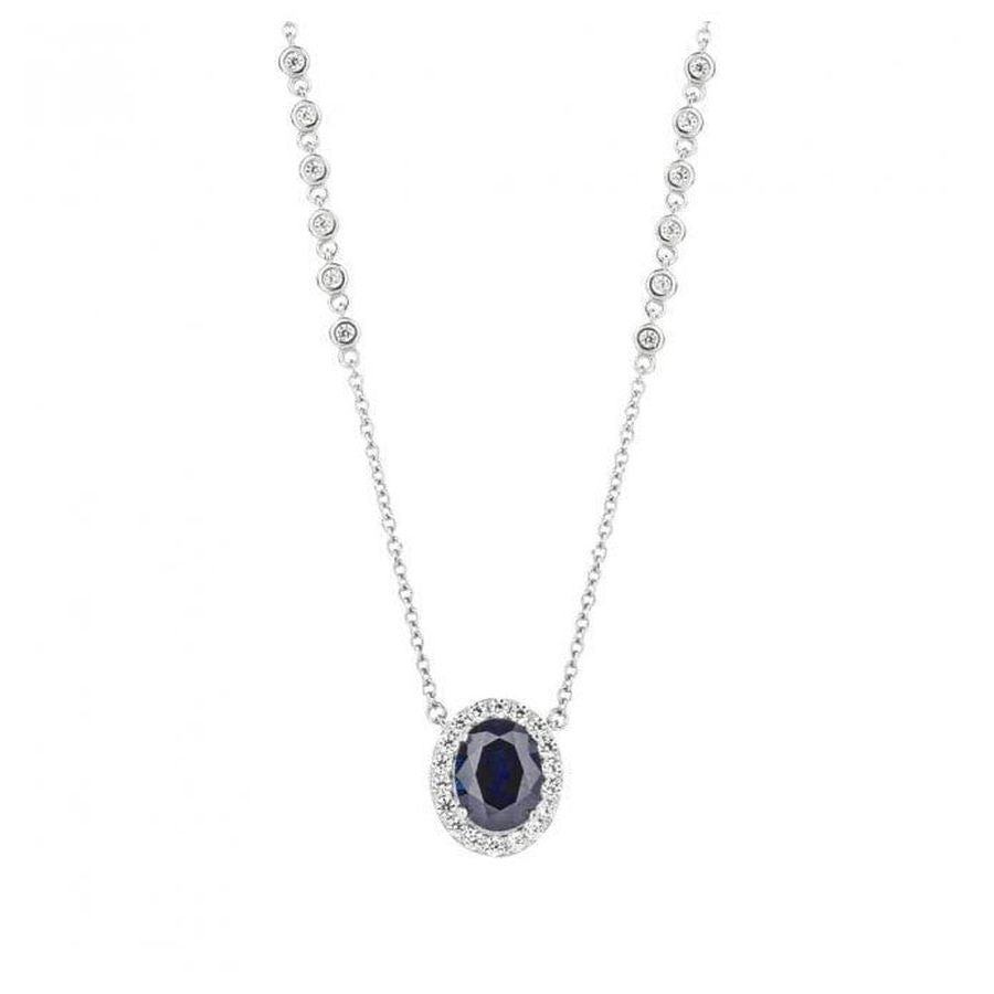 Silver Oval Blue & White Cubic Zirconia Halo Cluster Pendant