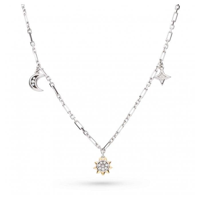 Silver & Yellow Gold Plated Celeste Cubic Zirconia Set Sun, Moon and Star Station Necklace