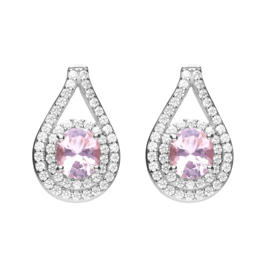 Silver Pink and White CZ Stud Earrings