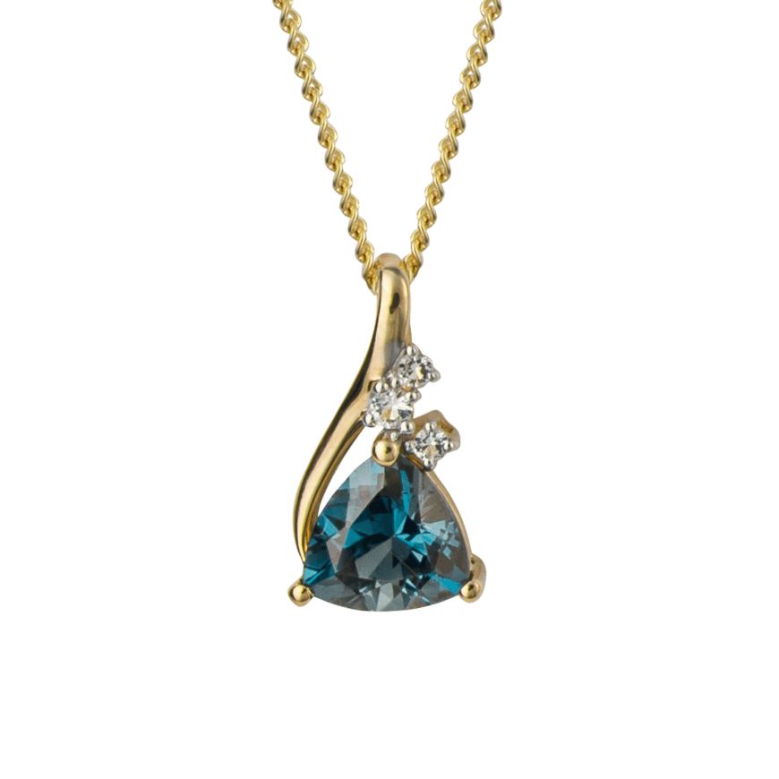9ct yellow gold Trillion cut London Blue Topaz with white Topaz pendan
