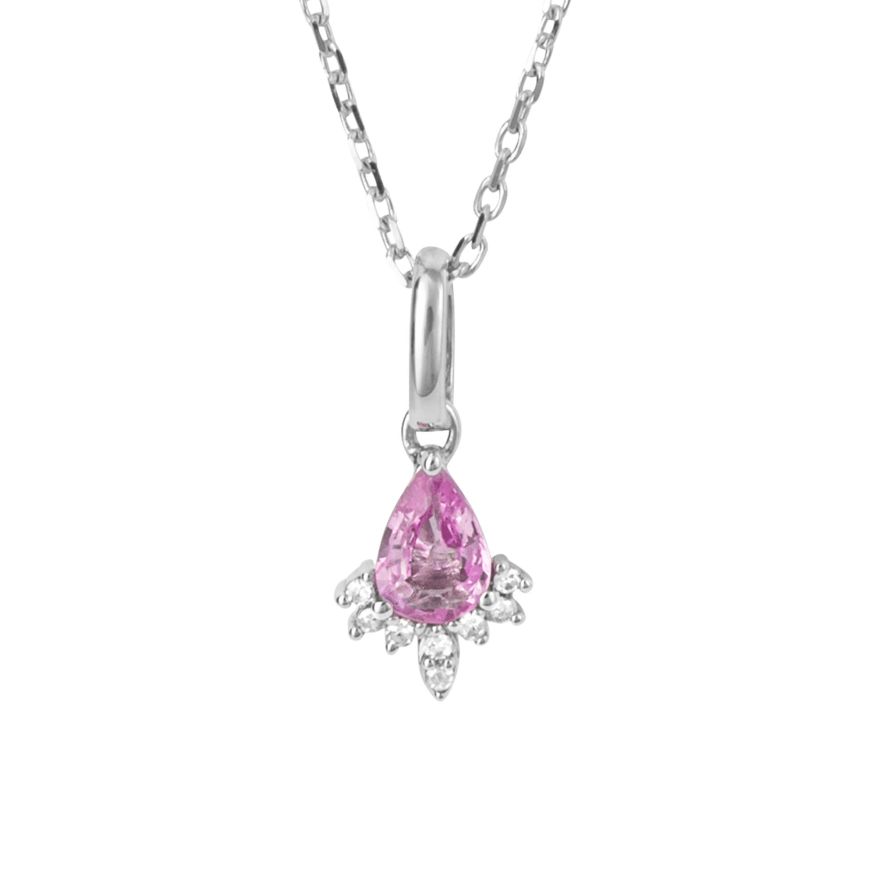 9 carat white gold Teardrop Pink Sapphire and diamond pendant.  No chain