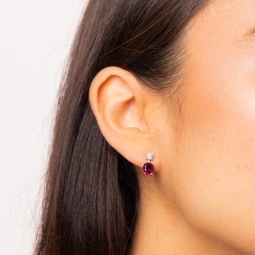 Silver Oval Red Cubic Zirconia Drop Earrings