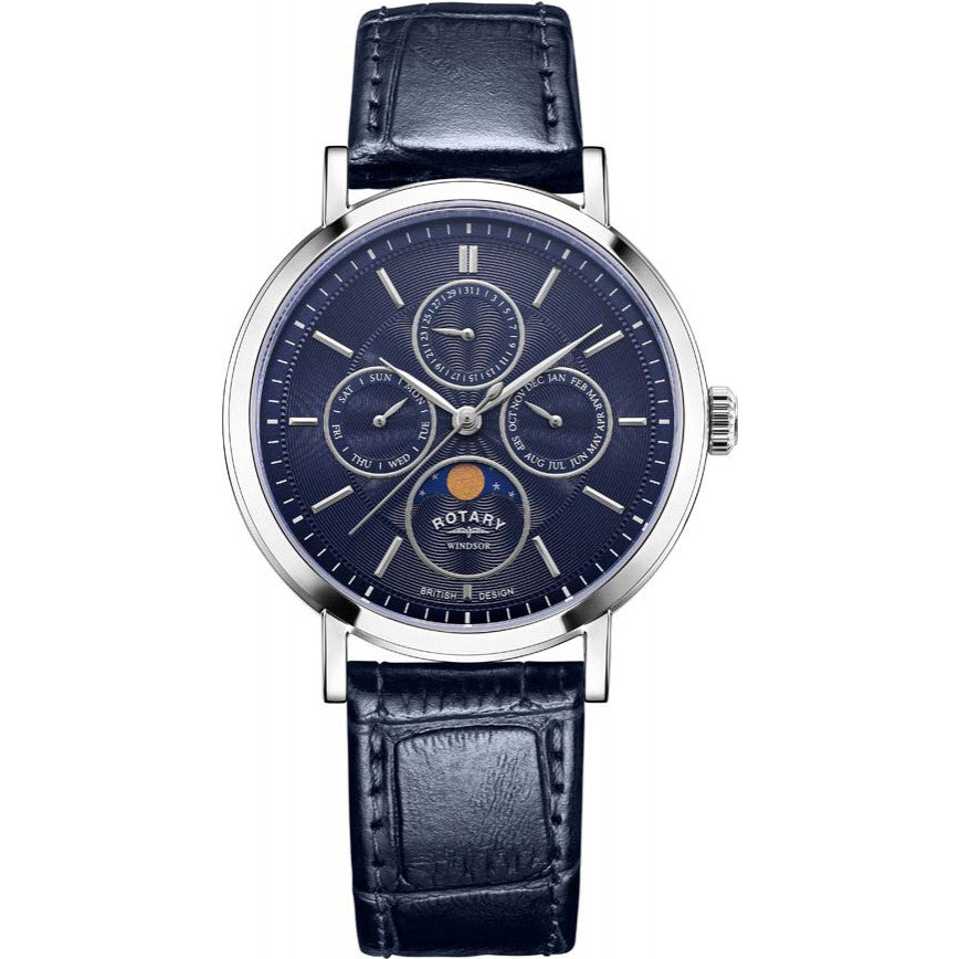 Stainless steel blue dial moonphase ileather strap watch
