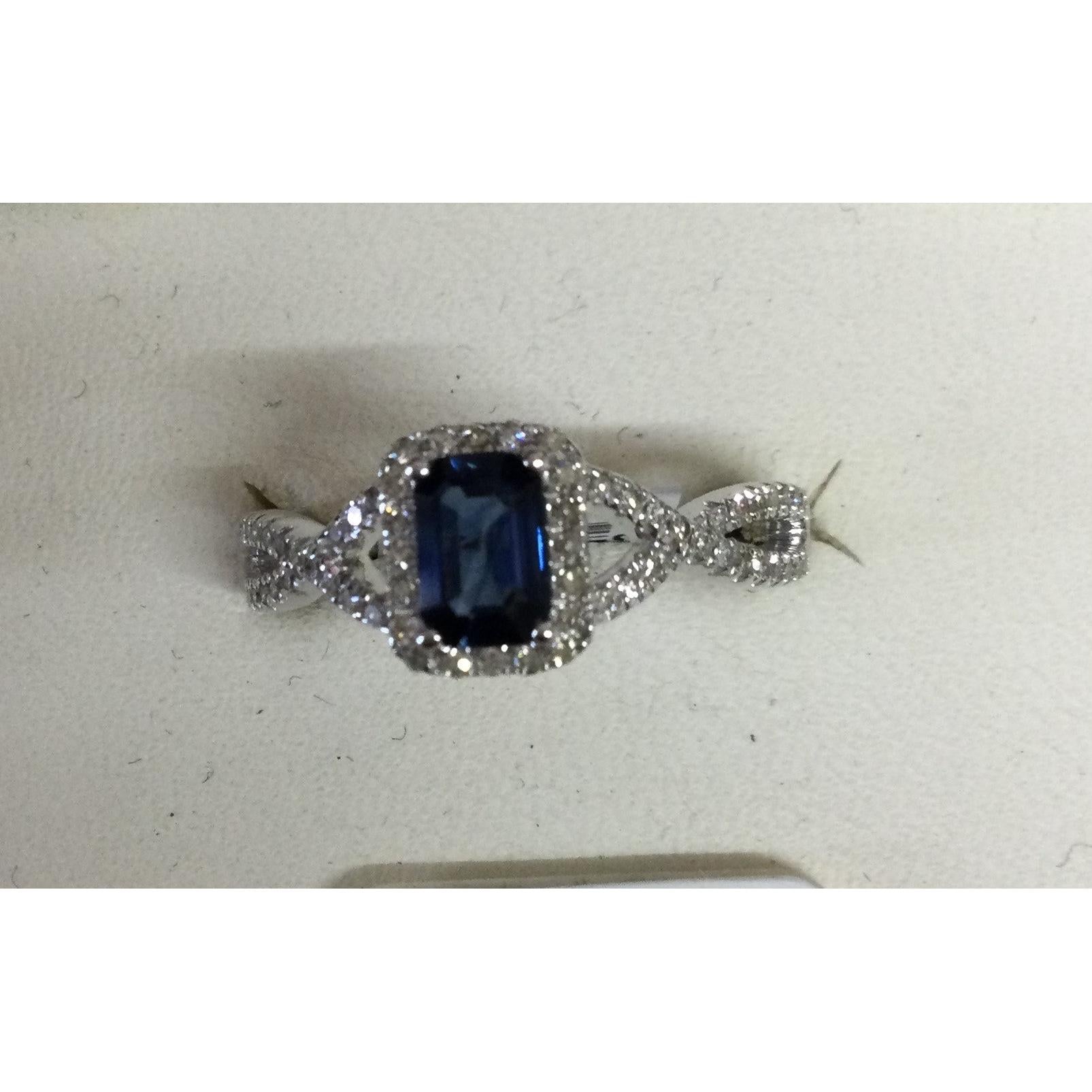 9ct white gold 6x4mm octagon sapphire & diamond cluster ring with diamond set crossover shoulders