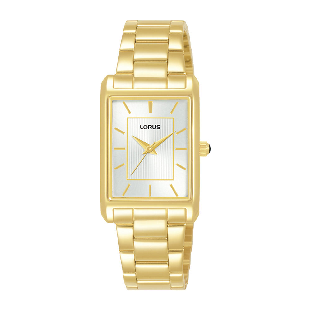 Classic ladys yellow gold coated rectangular dial bracelet watch