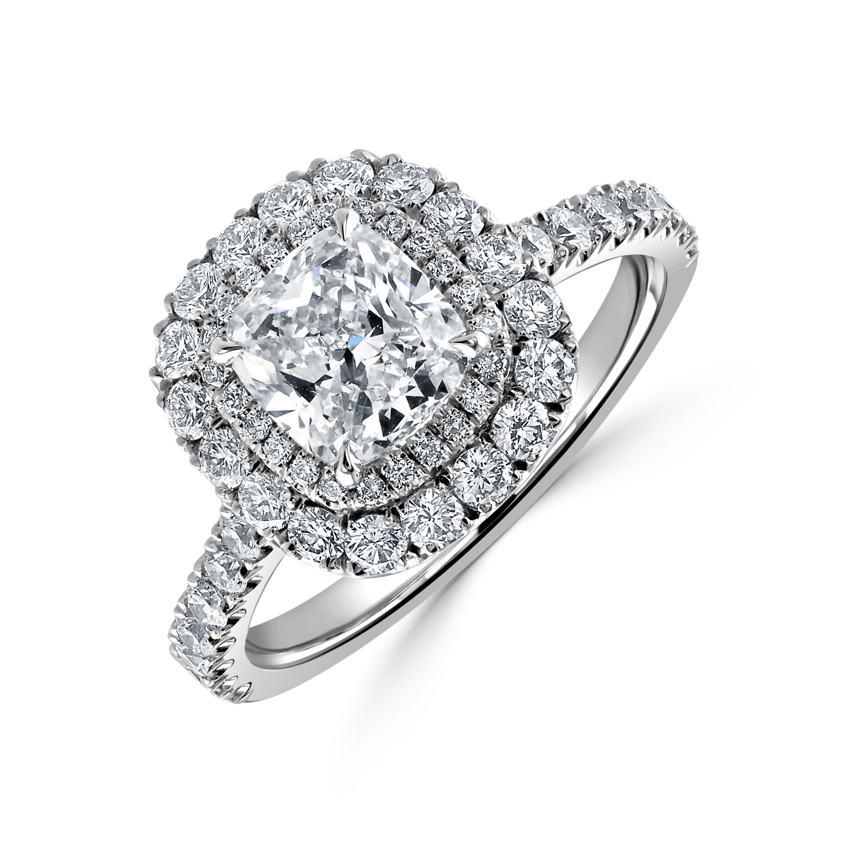 Platinum Cushion Shaped Diamond Double Halo Cluster Ring with Diamond Shoulders
