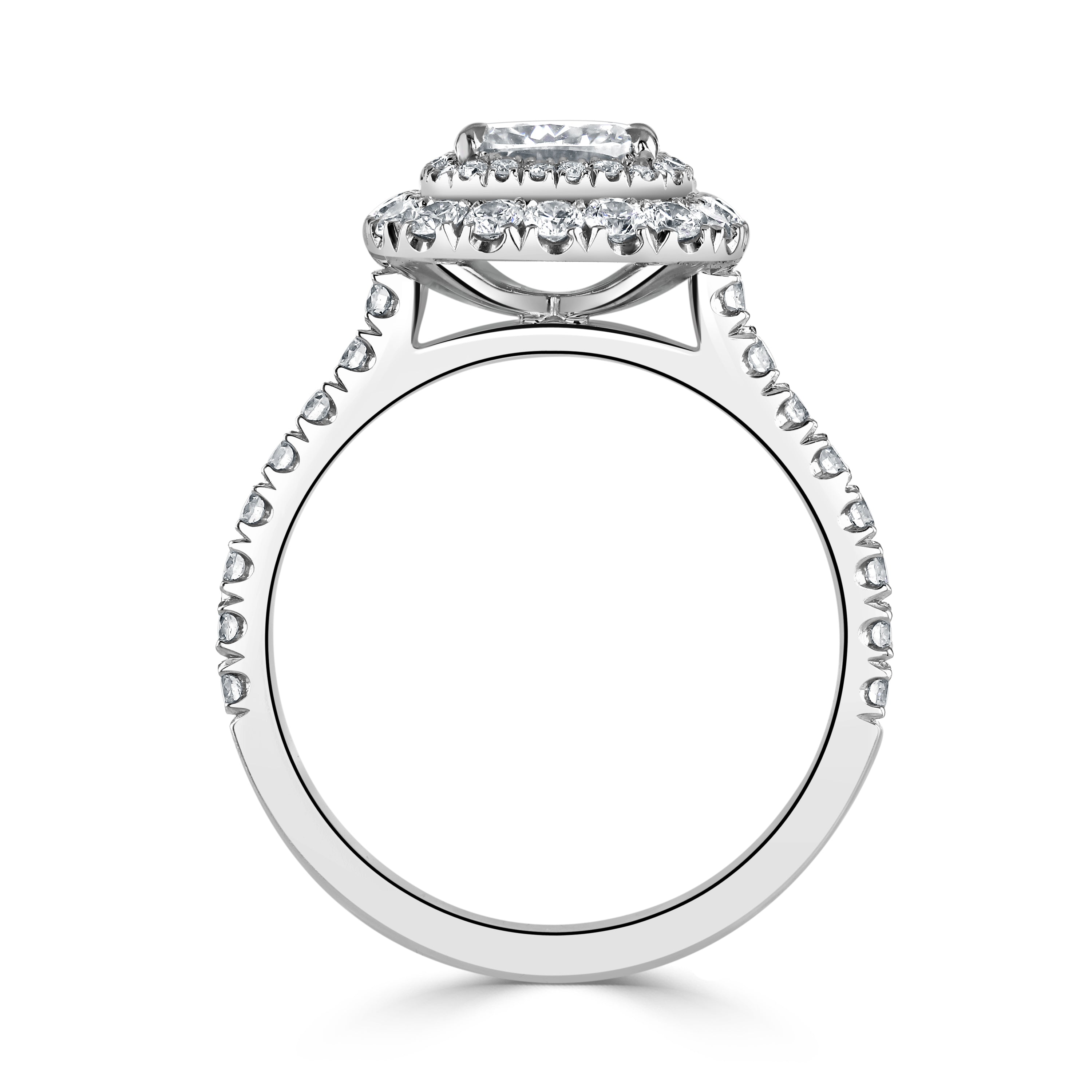 Platinum Cushion Shaped Diamond Double Halo Cluster Ring with Diamond Shoulders