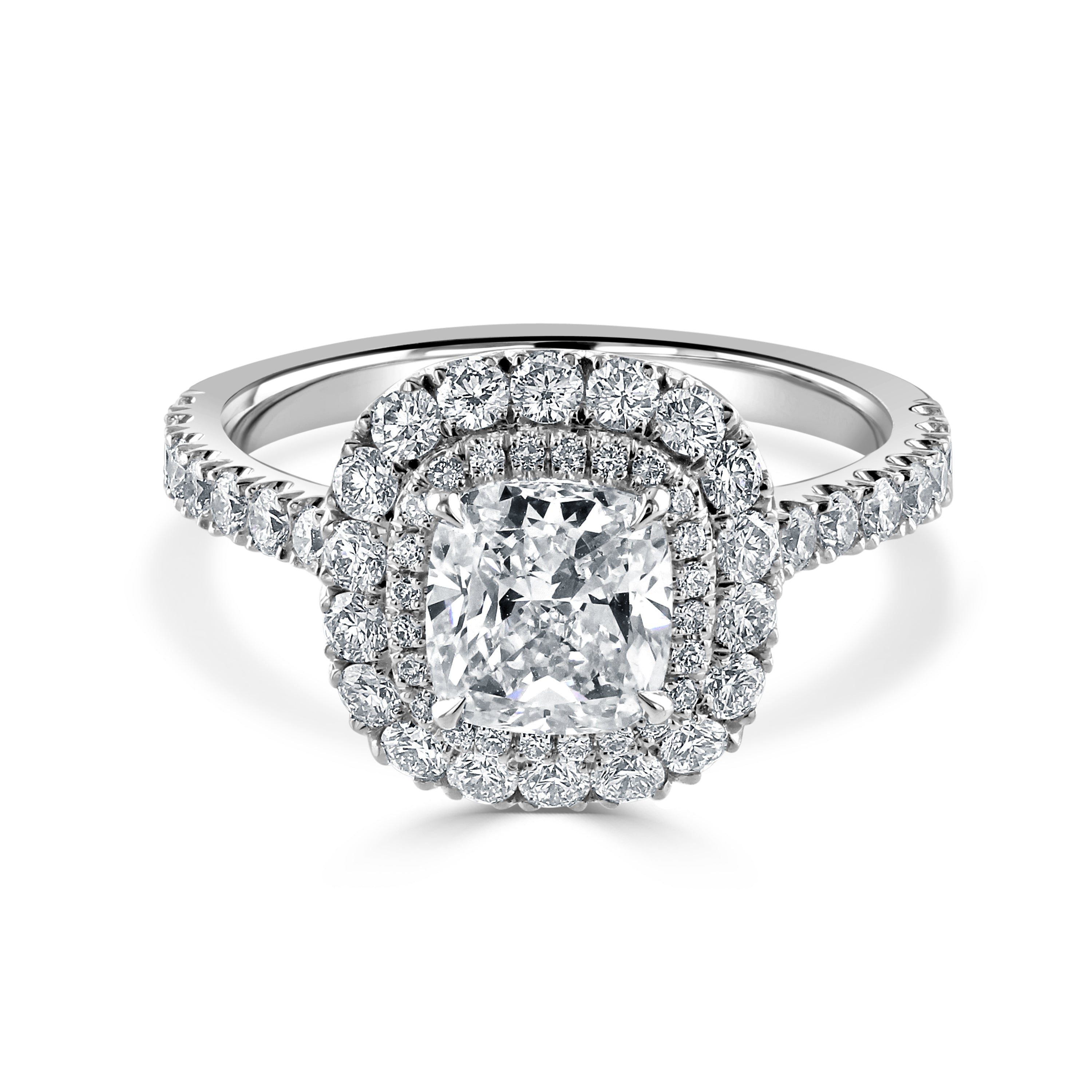 Platinum Cushion Shaped Diamond Double Halo Cluster Ring with Diamond Shoulders