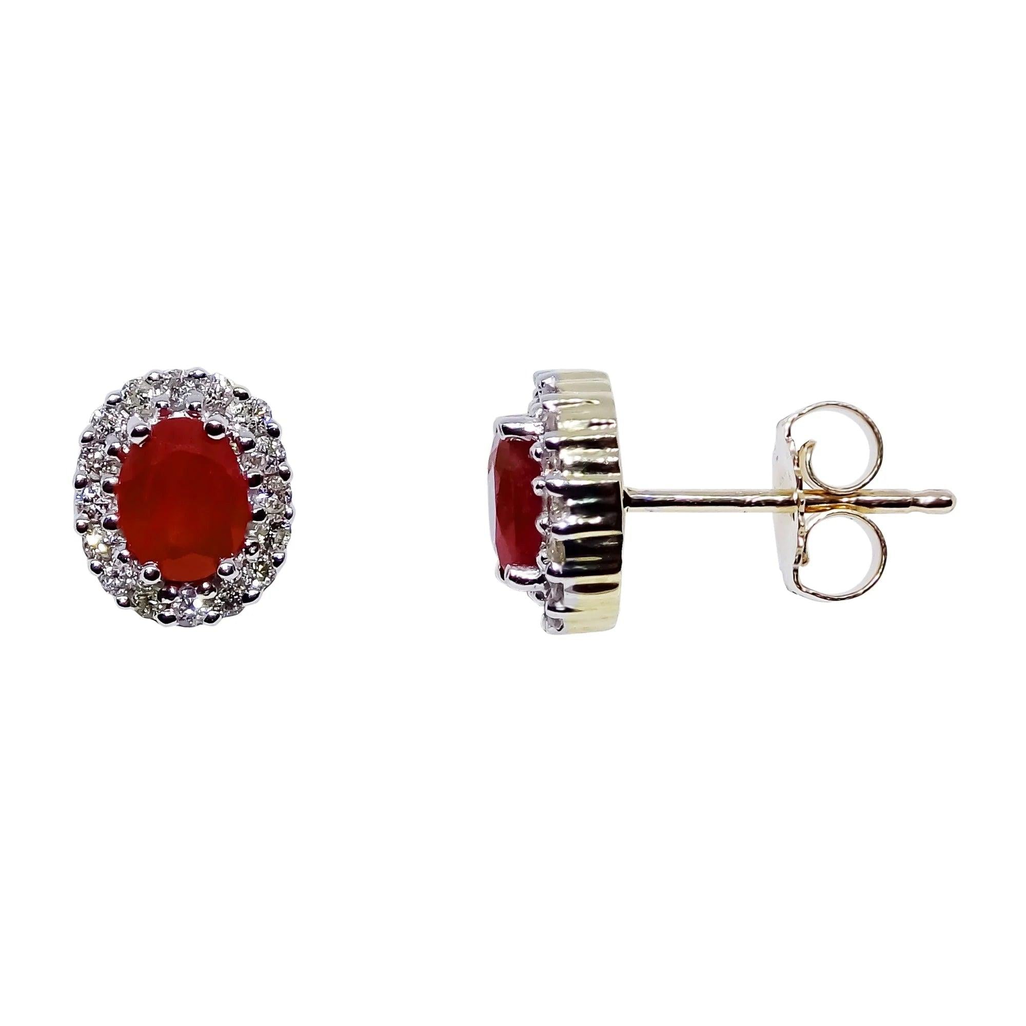 18ct Yellow Gold Ruby & Diamond Halo Cluster Stud Earrings