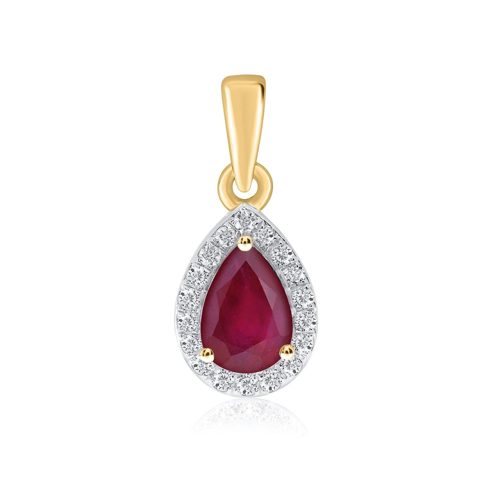 18ct Gold Pear Ruby & Diamond Halo Cluster Pendant