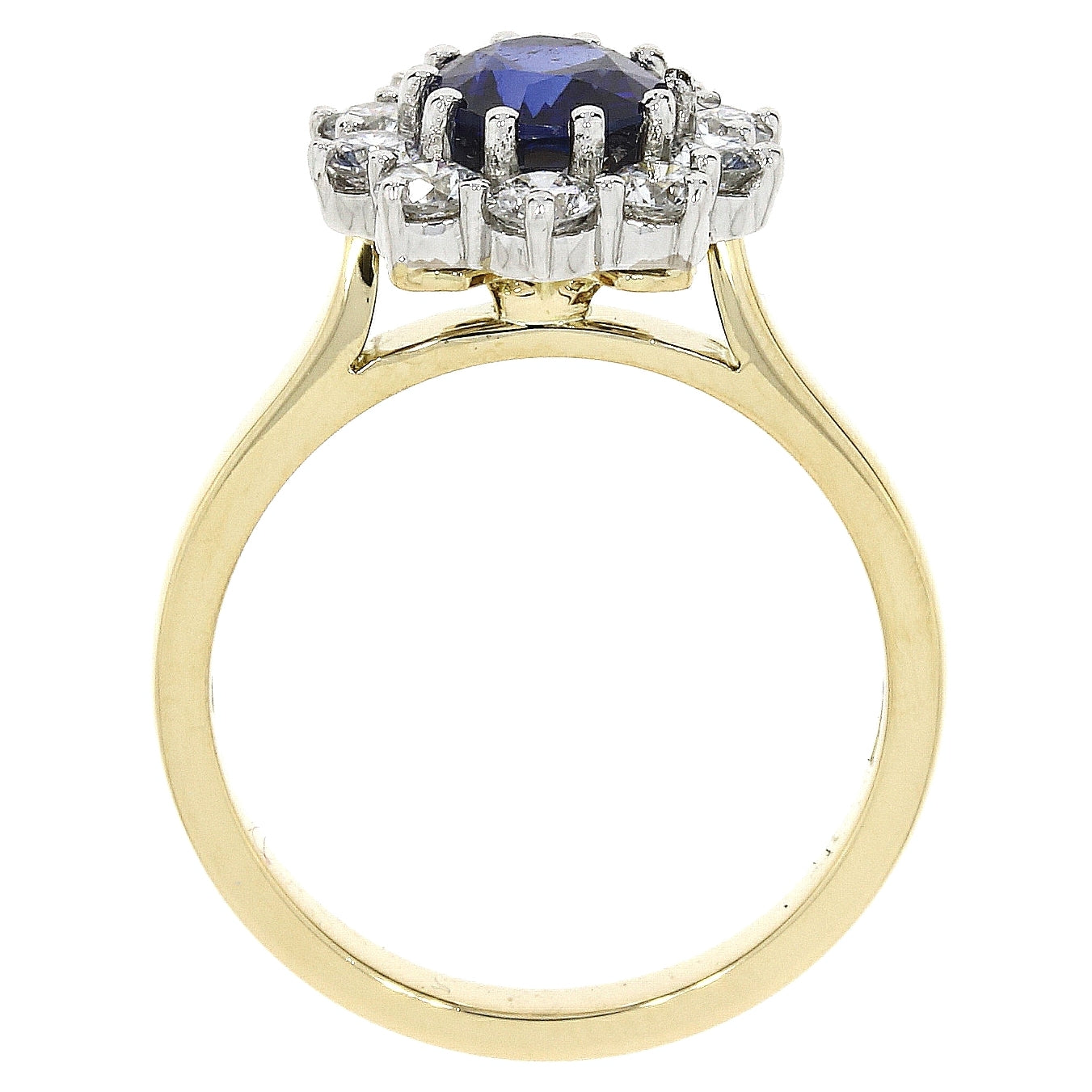 18ct yellow gold oval sapphire and round brilliant cut diamond claw set ring