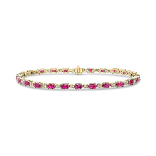 18ct Yellow Gold Oval Ruby & Round Diamond Line Bracelet