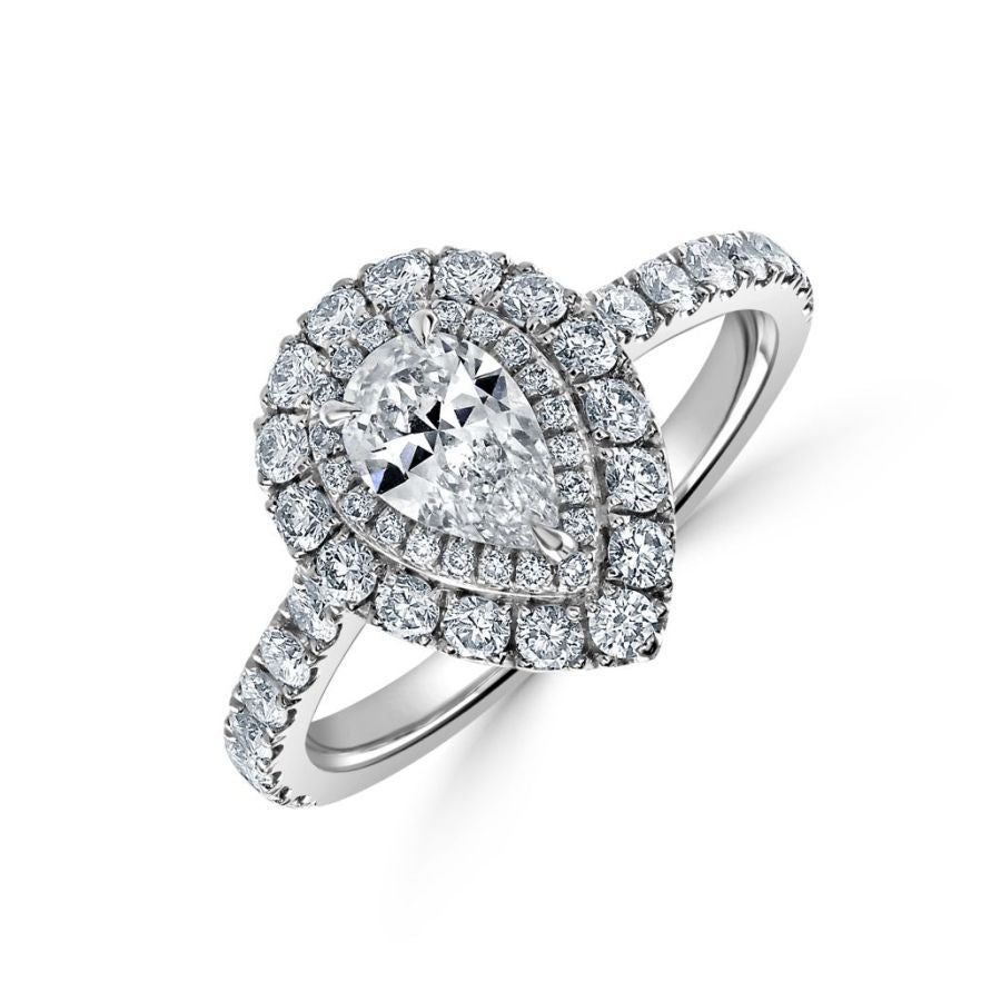 Platinum Pear Shaped Diamond Double Halo Cluster Ring with Diamond Shoulders