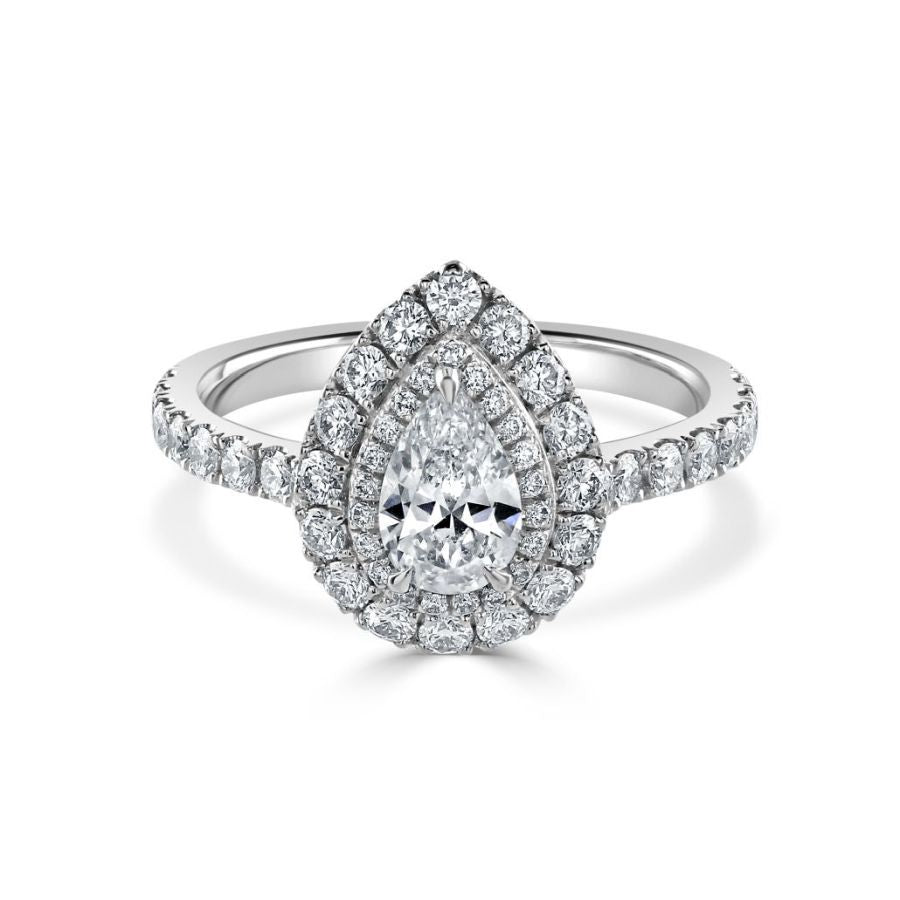 Platinum Pear Shaped Diamond Double Halo Cluster Ring with Diamond Shoulders
