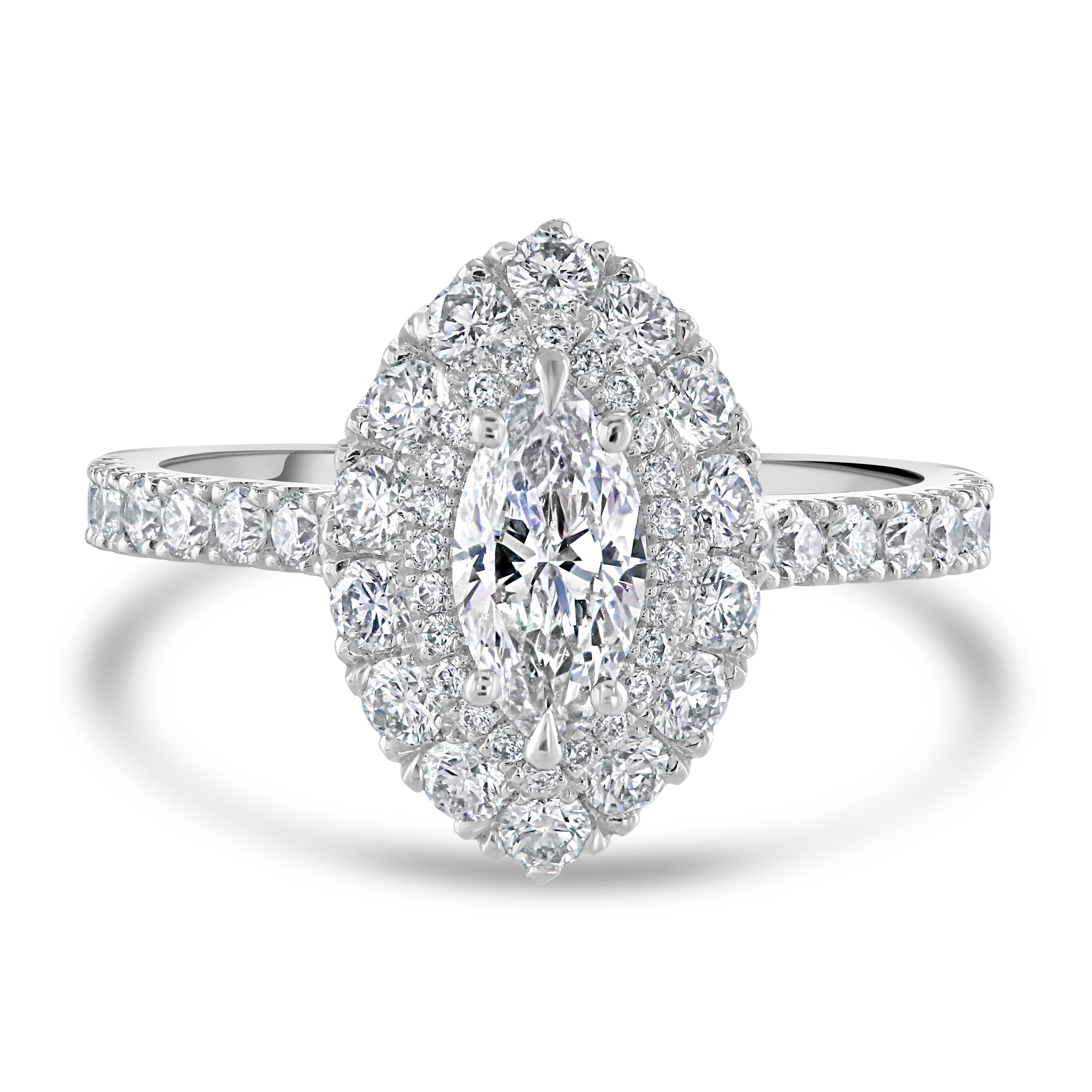 Platinum Marquise-Shaped Diamond Double Halo Cluster Ring with Diamond Shoulders