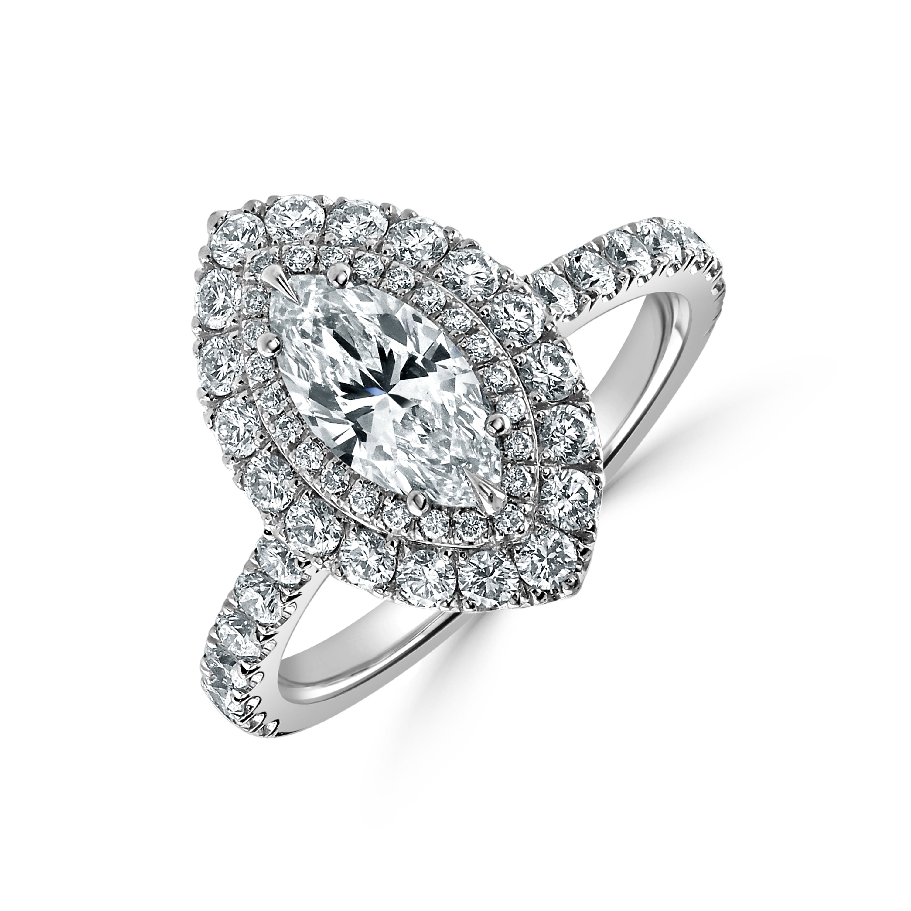Platinum Marquise-Shaped Diamond Double Halo Cluster Ring with Diamond Shoulders