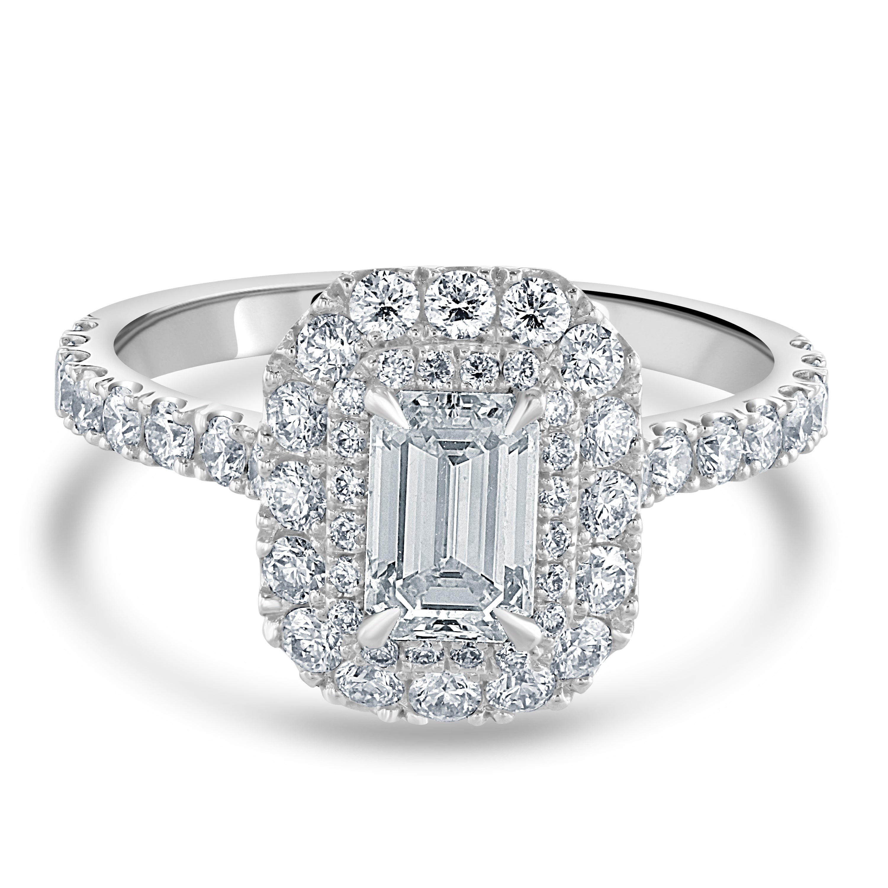 Platinum Emerald Cut Diamond Double Halo Cluster Ring with Diamond Shoulders