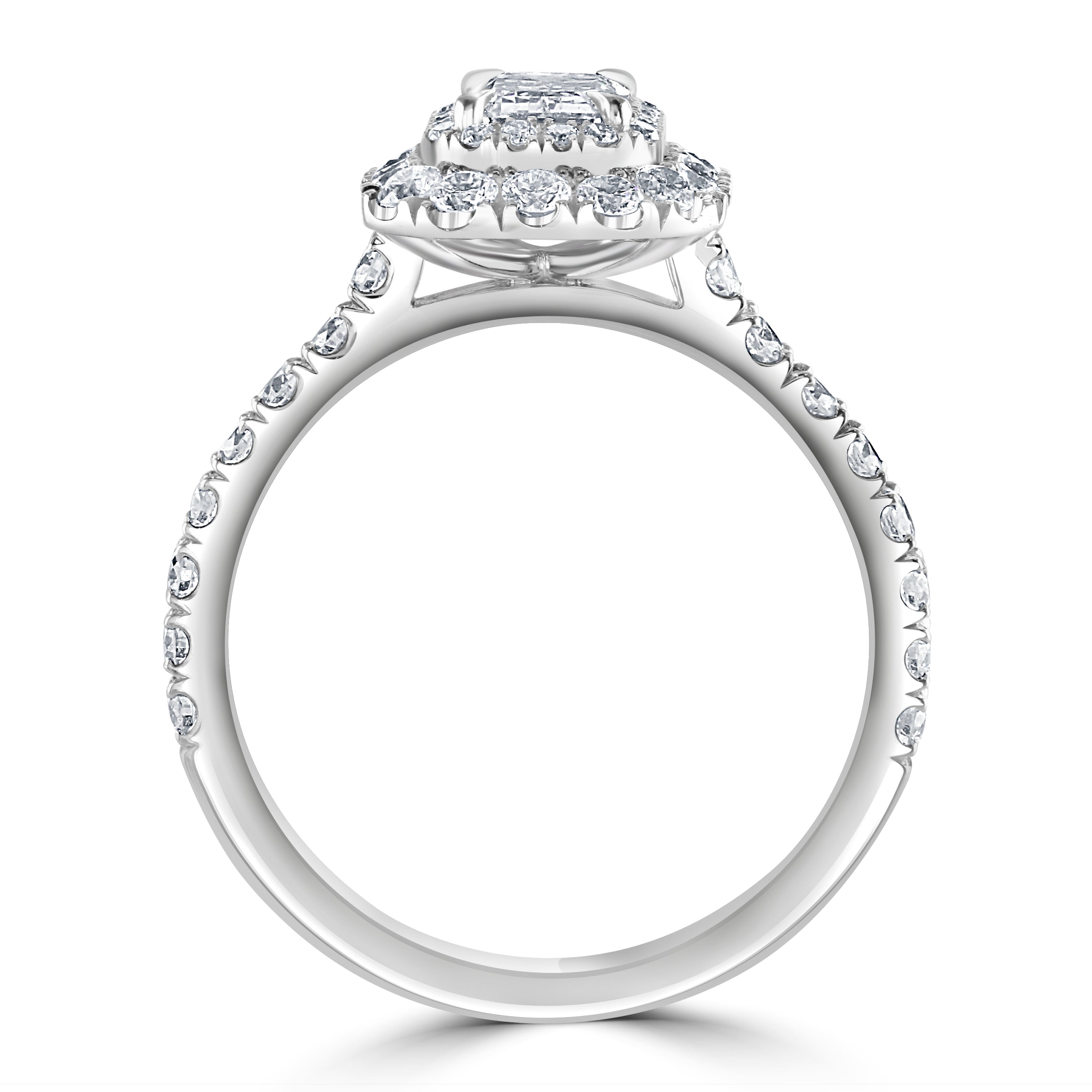 Platinum Emerald Cut Diamond Double Halo Cluster Ring with Diamond Shoulders