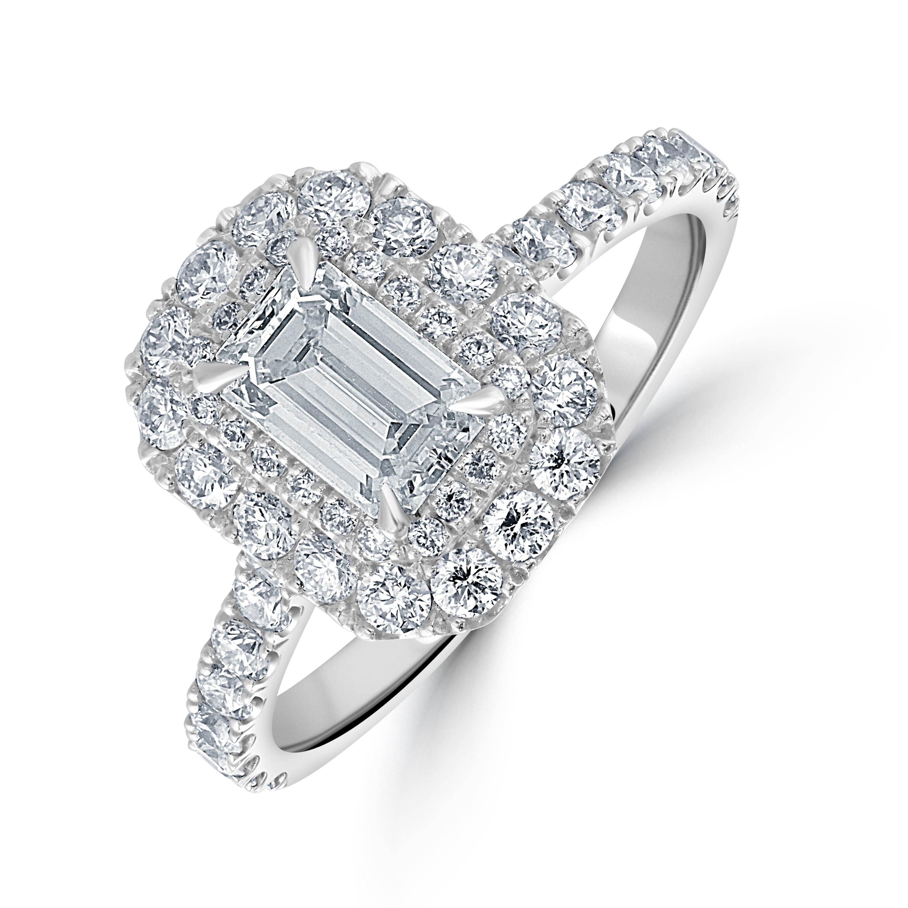 Platinum Emerald Cut Diamond Double Halo Cluster Ring with Diamond Shoulders