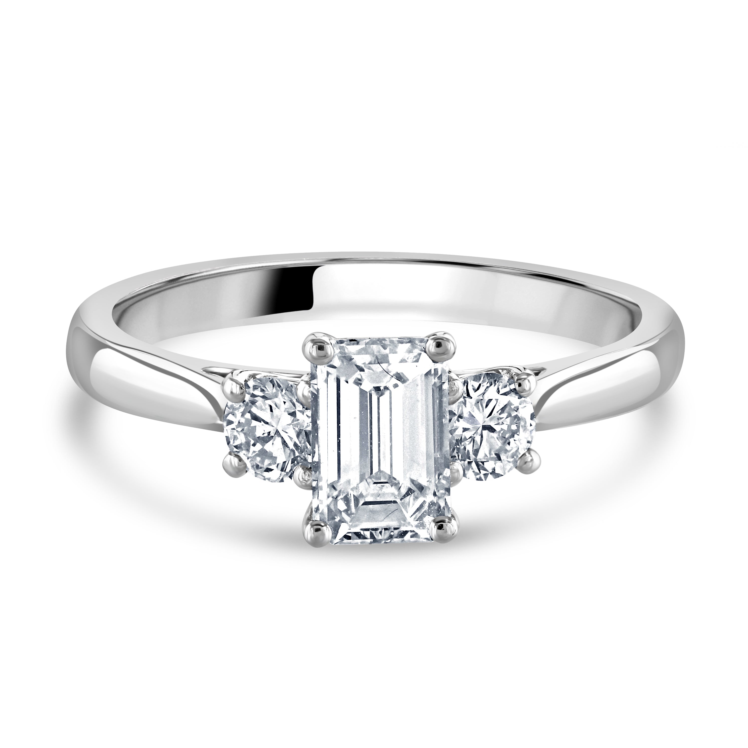 Platinum Emerald & Round Brilliant Cut Diamond Trilogy Ring