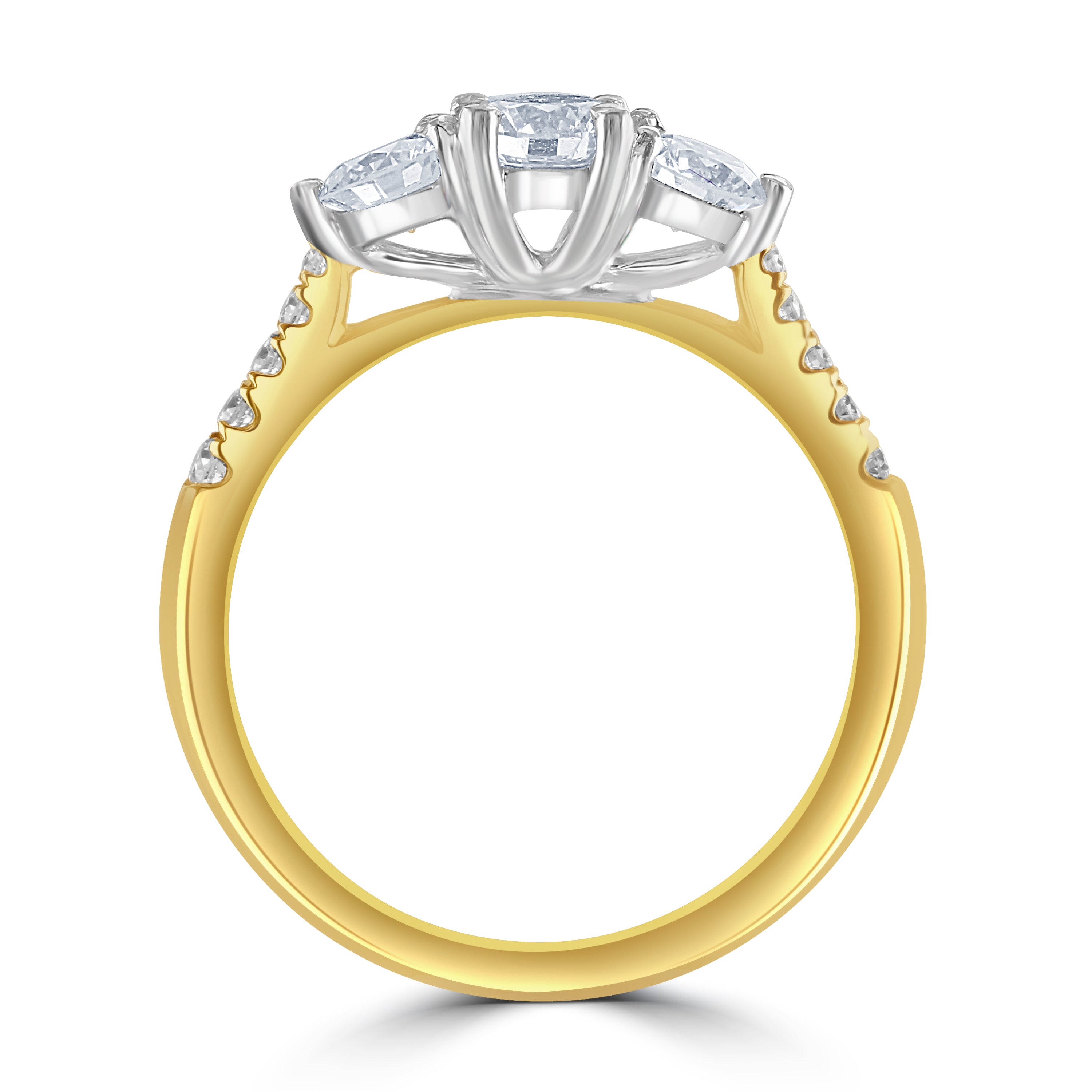 18ct Yellow Gold Round Brilliant Cut Diamond 3-Stone Ring with Diamond Shoulders