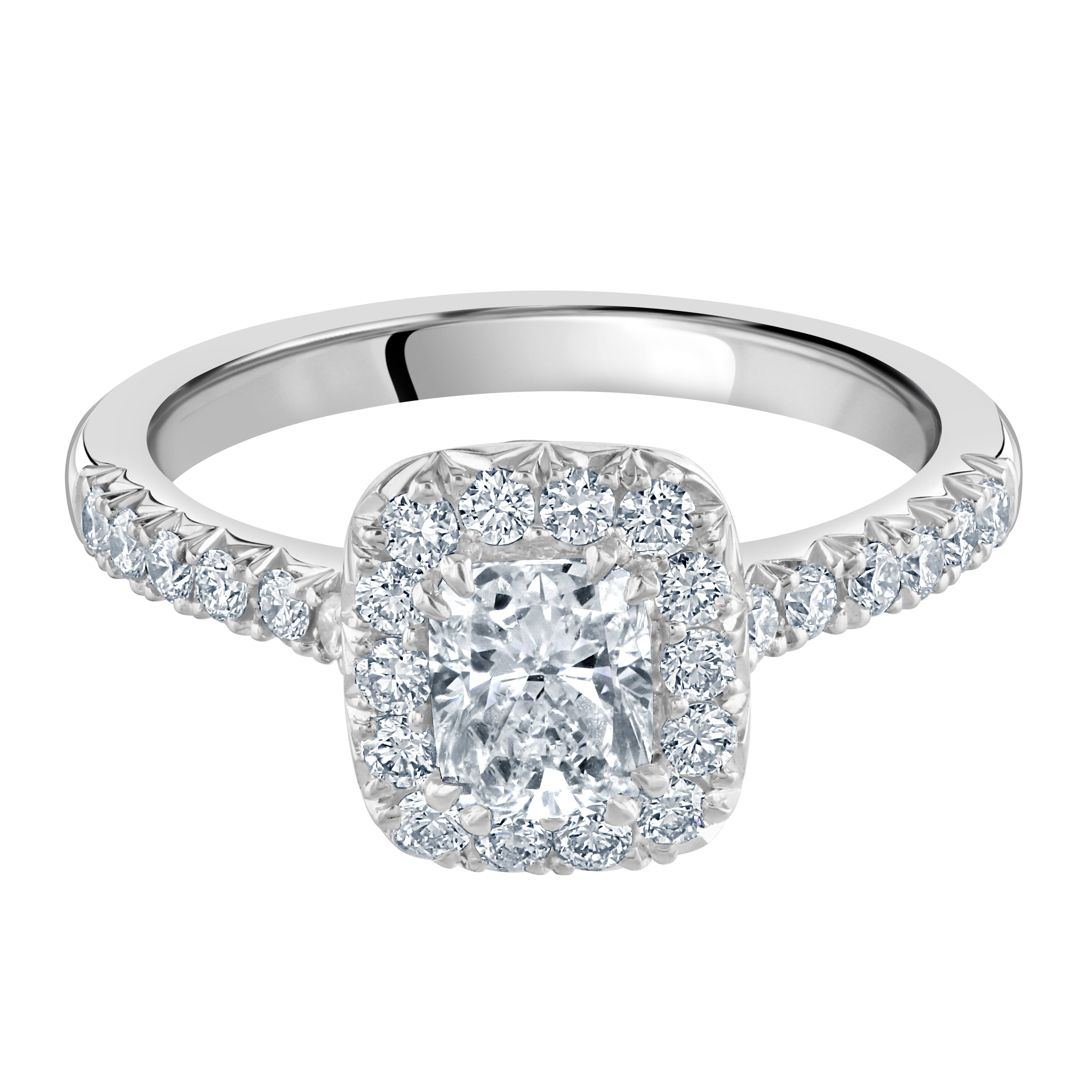Platinum Cushion Cut Diamond Halo Ring with Diamond Shoulders